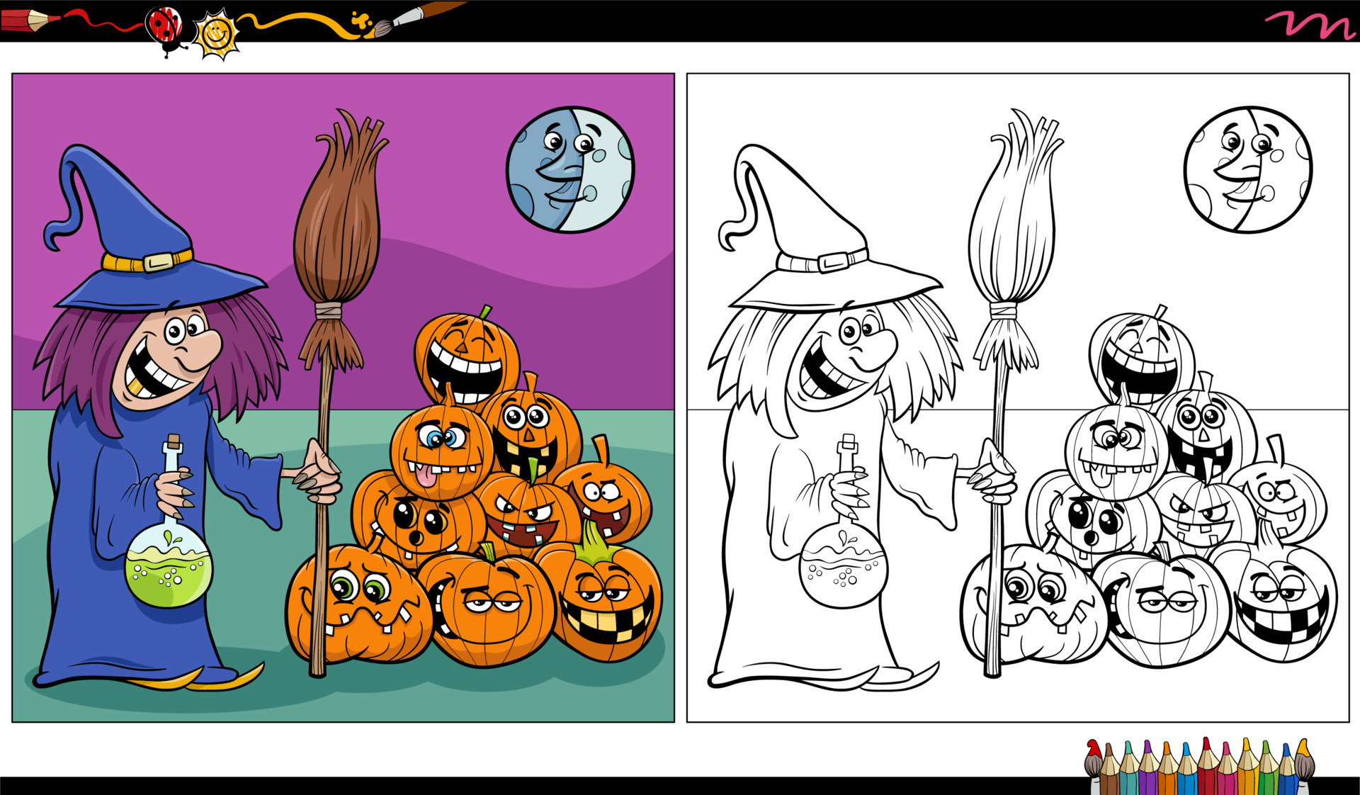 Cor de halloween pelo jogo de números com coruja em um chapéu. desenho de  personagem assustador para colorir para crianças