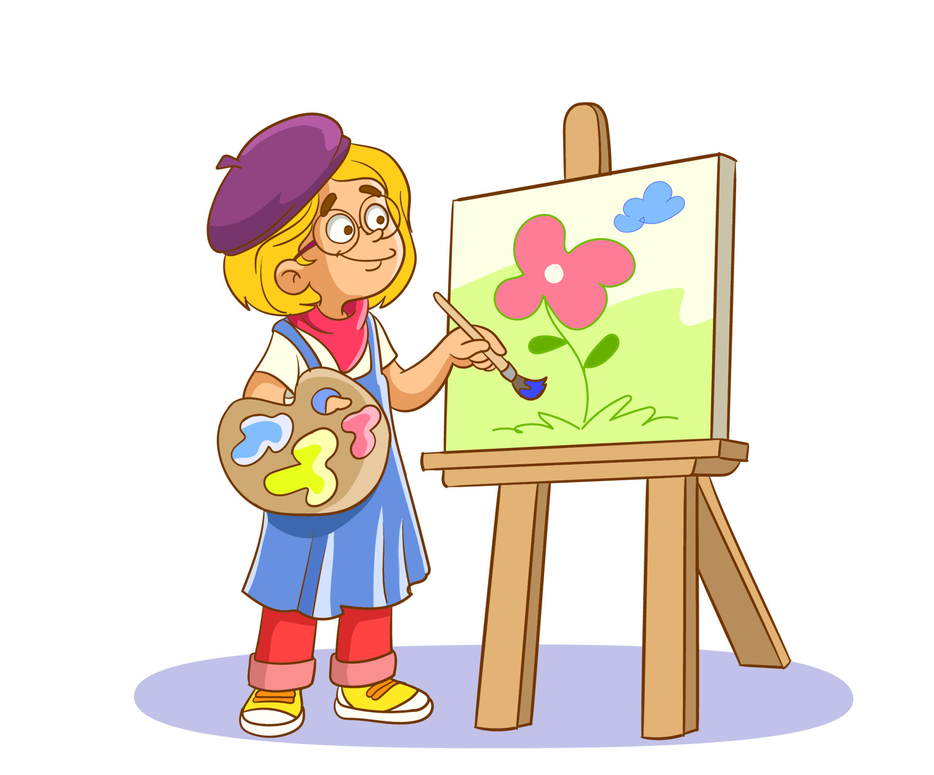 Vetores de Menina Está Pintando Um Desenho Sobre O Cavalete Com