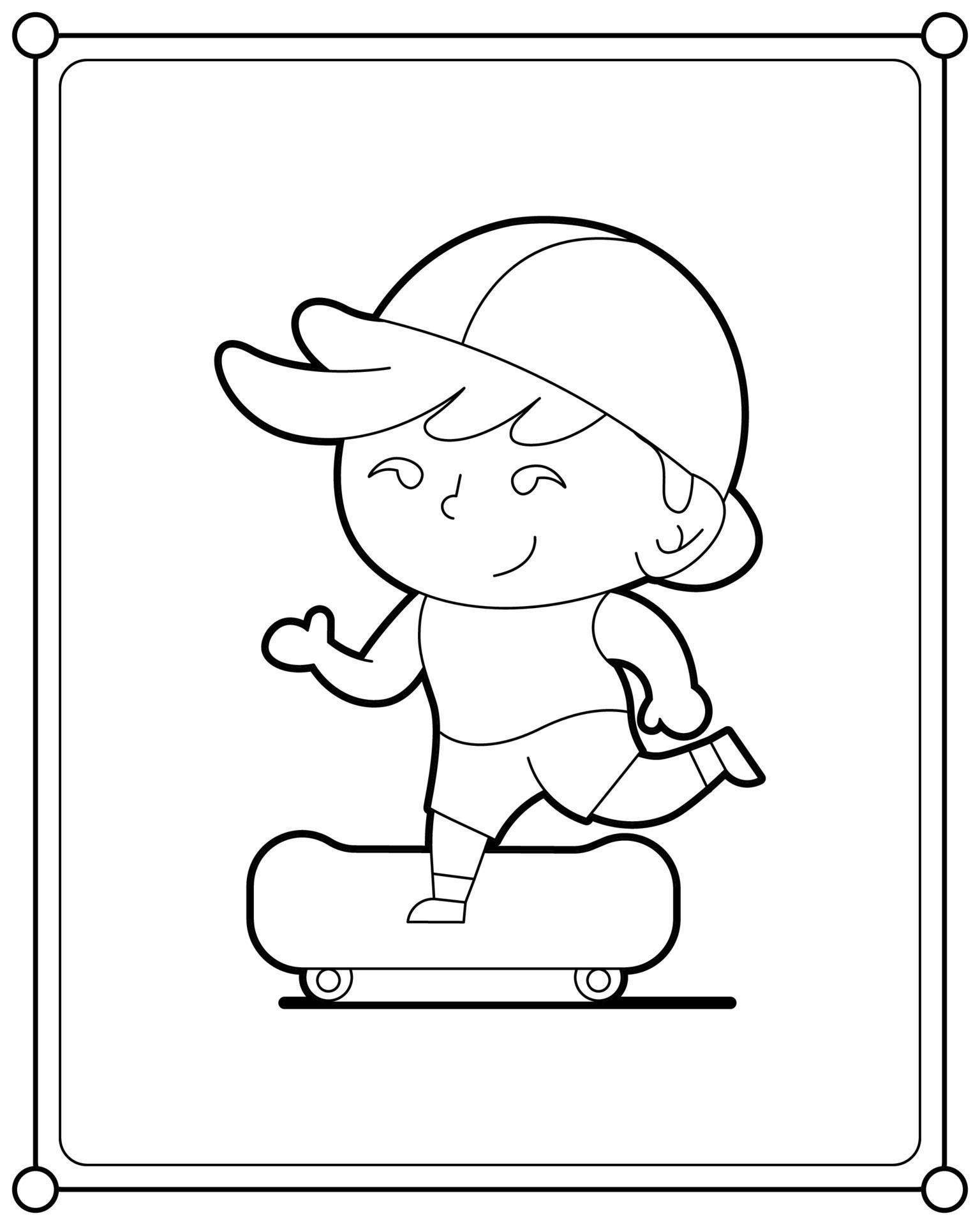 Menino feliz andando de skate. página do livro de colorir dos desenhos  animados para crianças.