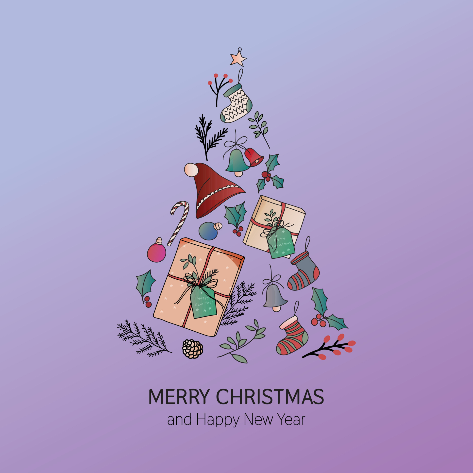 árvore de natal com vários enfeites de natal com desejos de feliz natal em  fundo de cor pastel. 12885960 Vetor no Vecteezy