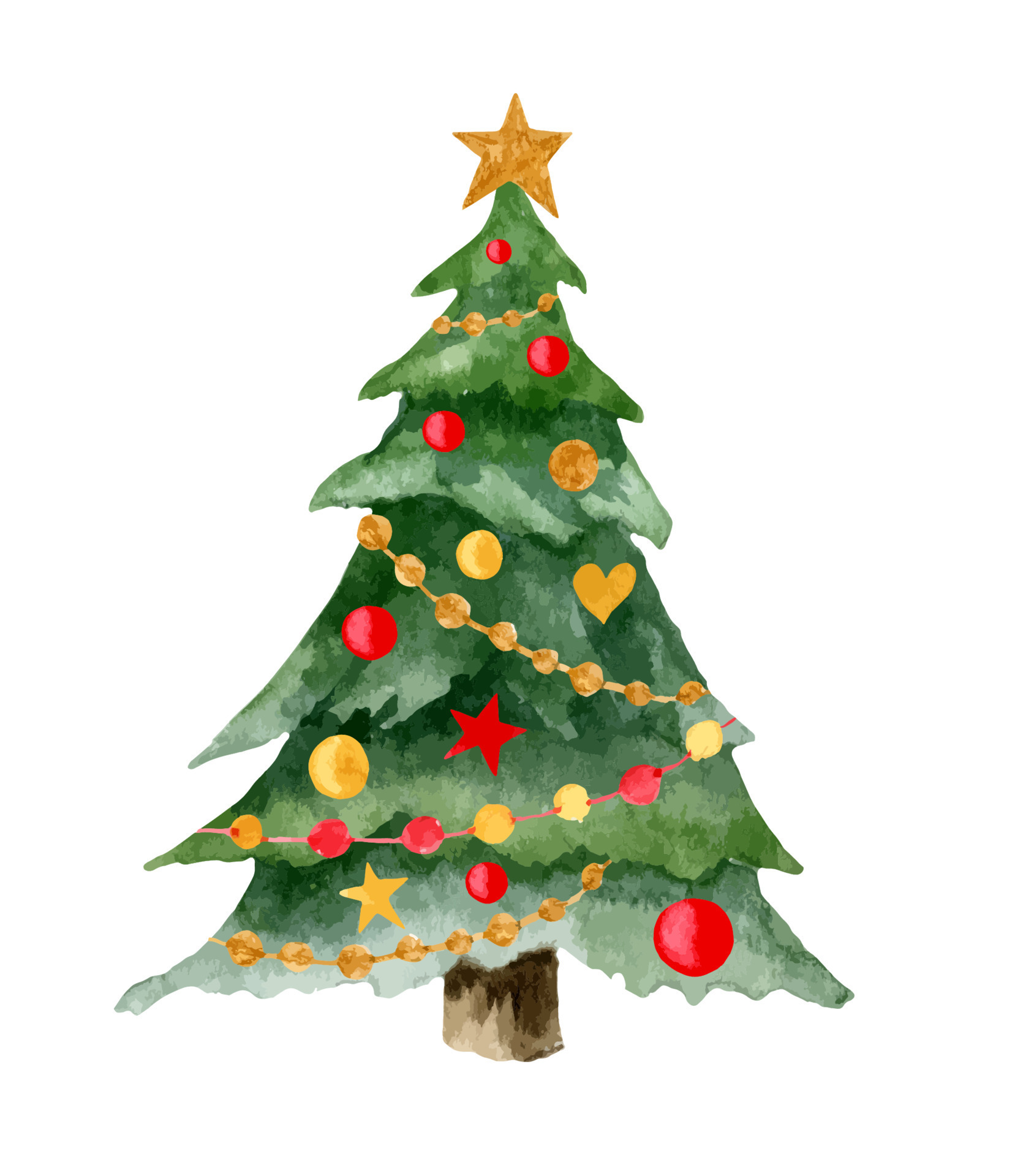 árvore de natal em aquarela com brinquedos coloridos de vermelhos e  dourados e guirlandas. ilustração pintada à mão de abeto verde para cartões  postais e cartões de felicitações de ano novo. elemento