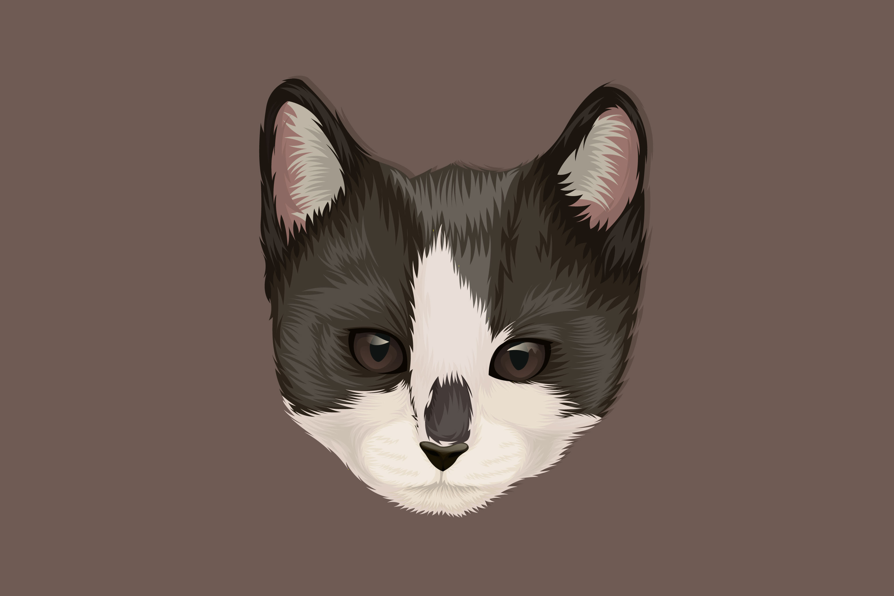 Um desenho de um gato preto e branco com um rosto branco e manchas pretas e  brancas.