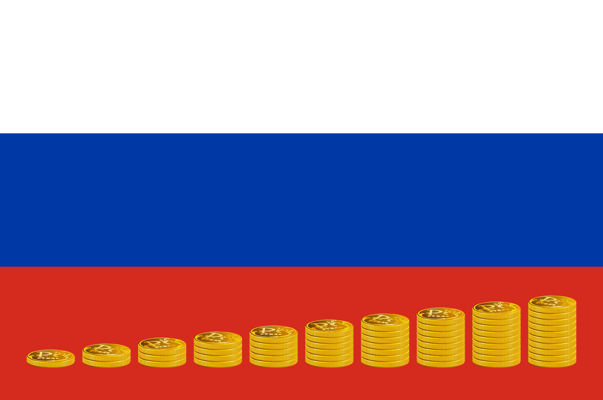 Pilhas De Moedas Contra A Bandeira Da Rússia. Regressão Econômica