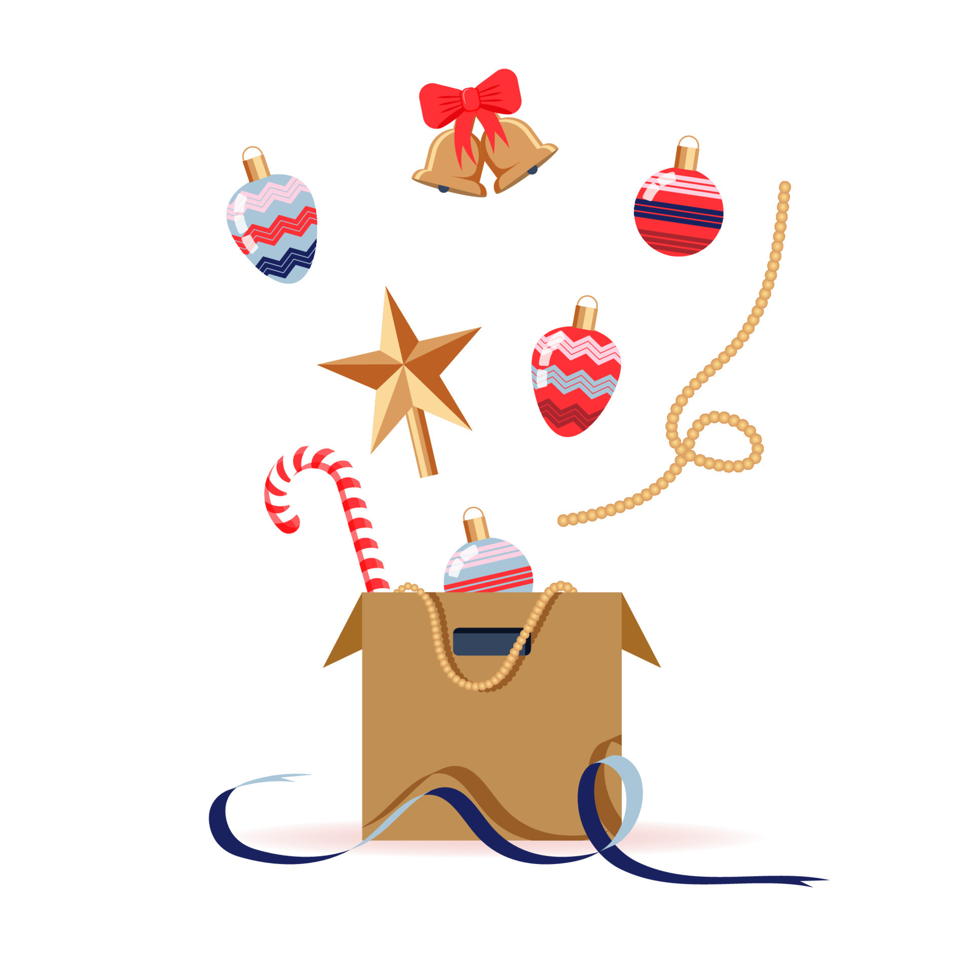 decoração de natal voando para fora da caixa de papelão. bugigangas, topper  de árvore, enfeites e sinos estão no ar, acima da caixa. ilustração  vetorial no estilo simples dos desenhos animados. 13275154