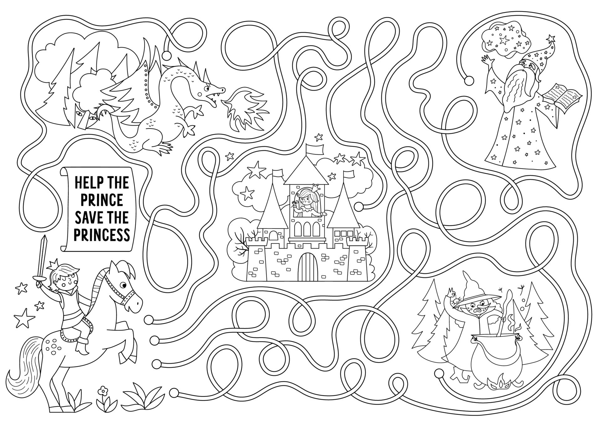 labirinto de conto de fadas preto e branco para crianças com