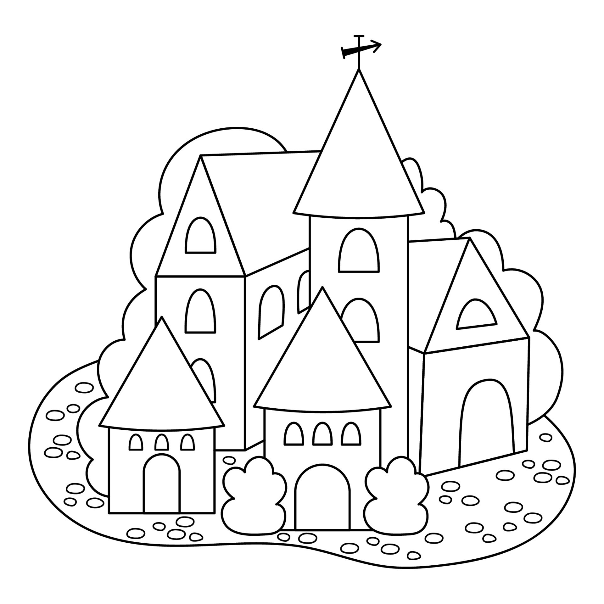 ícone de vila medieval de página para colorir vetorial com moinho de vento.  imagem do reino mágico. pedra, construção de madeira para colorir. campo  com torres, casas, árvores. cidade do interior dos