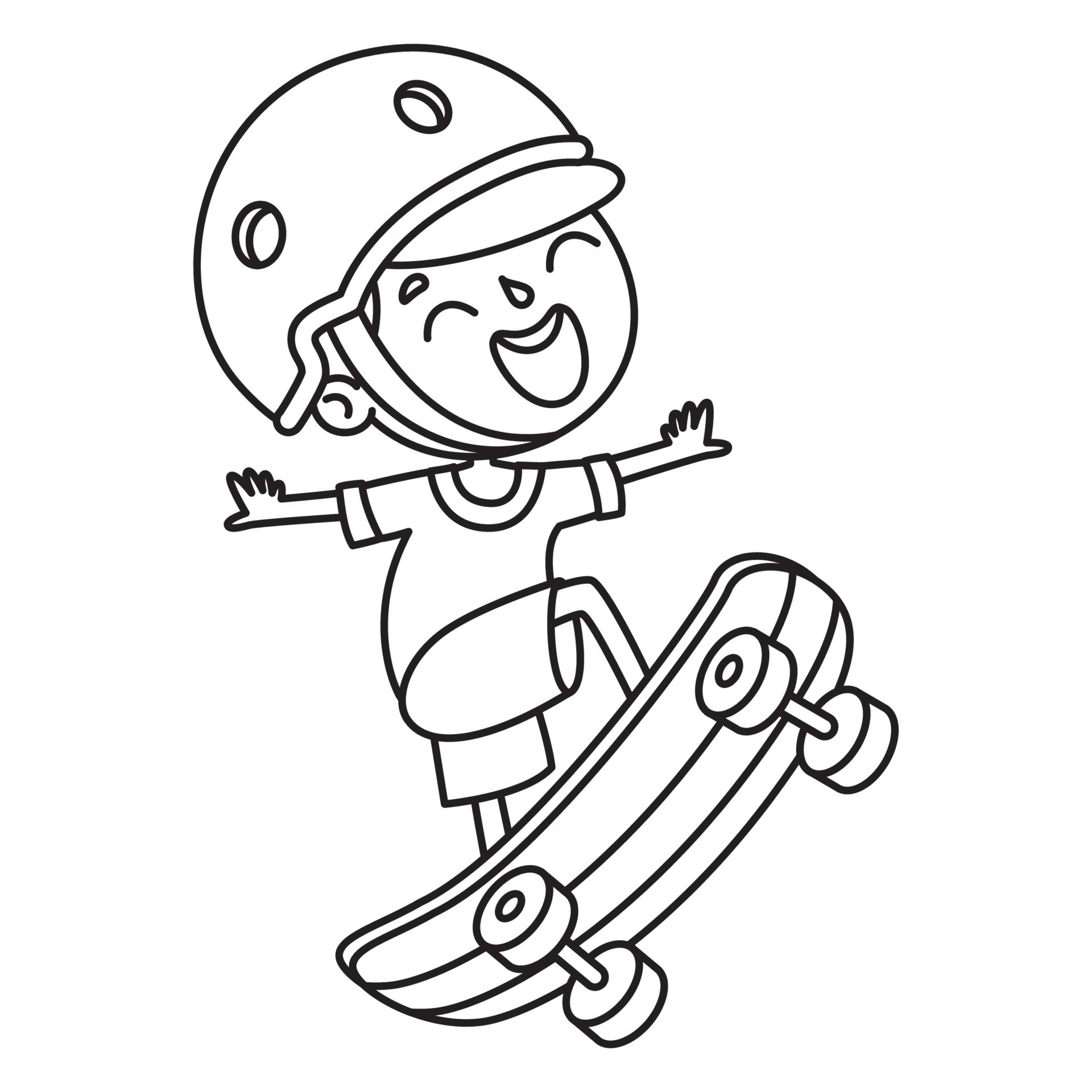 Menino feliz andando de skate. página do livro de colorir dos desenhos  animados para crianças.