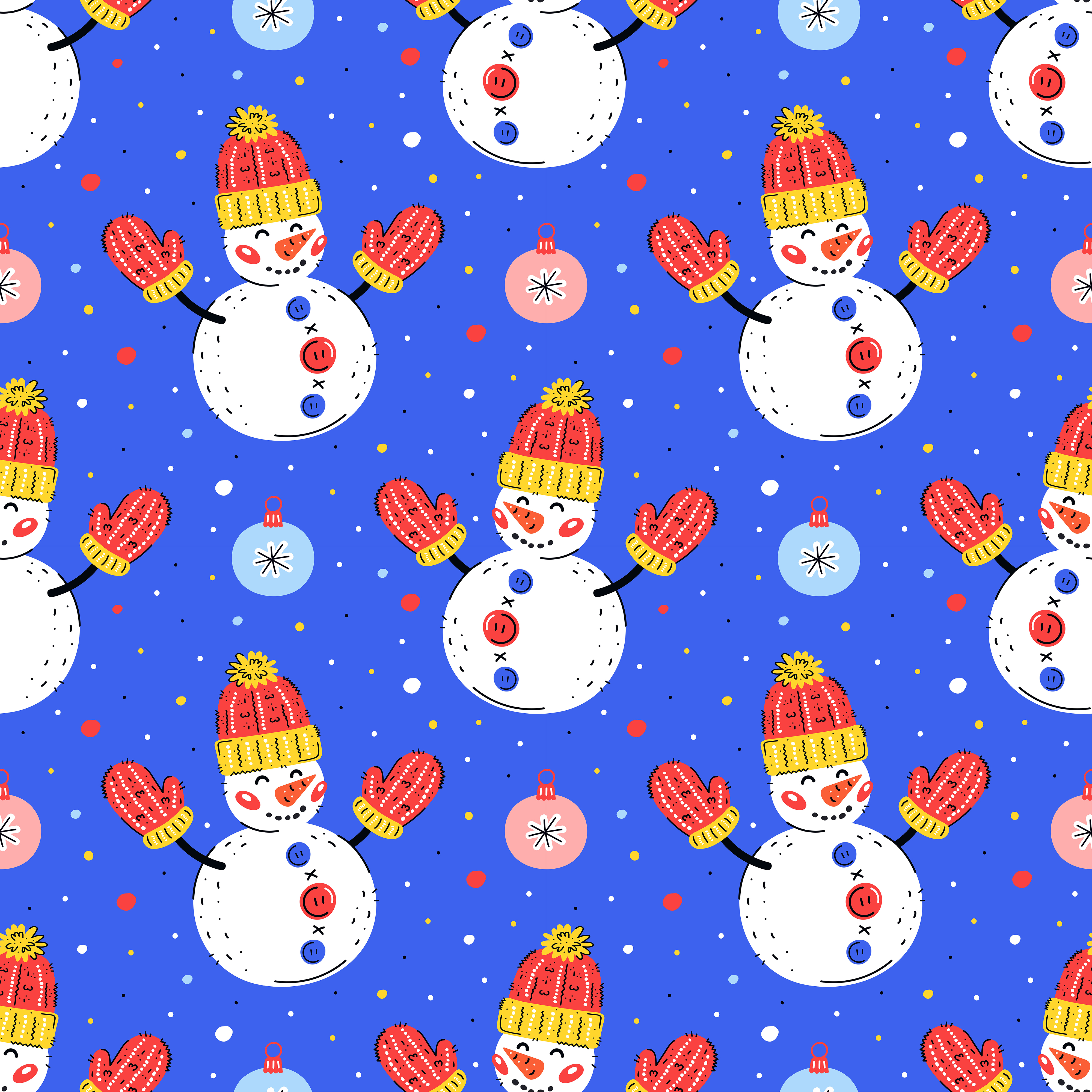 bonecos de neve com enfeites de árvore de natal desenhados à mão padrão sem  emenda 1349708 Vetor no Vecteezy