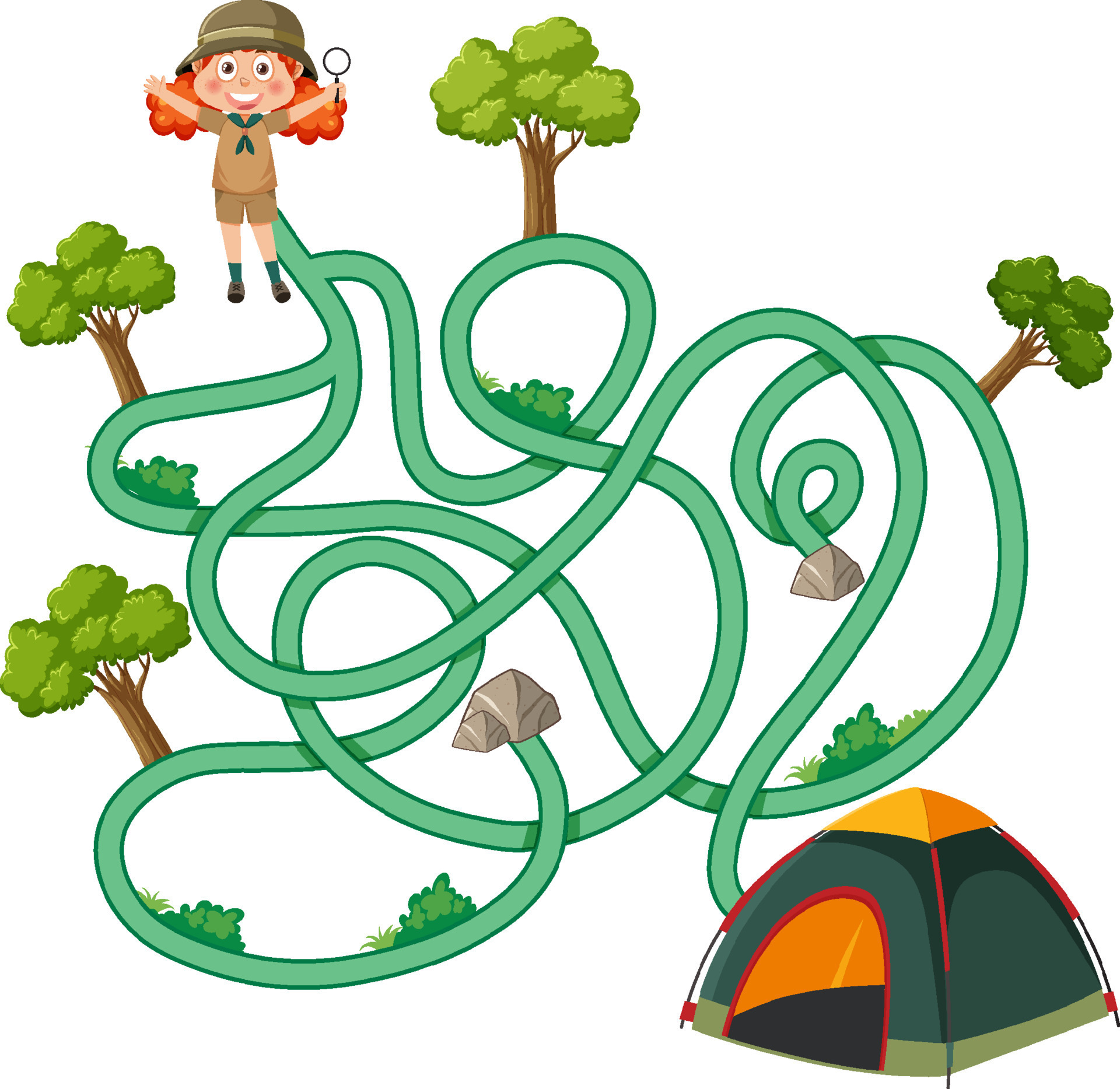 Modelo de jogo com menina e site de acampamento