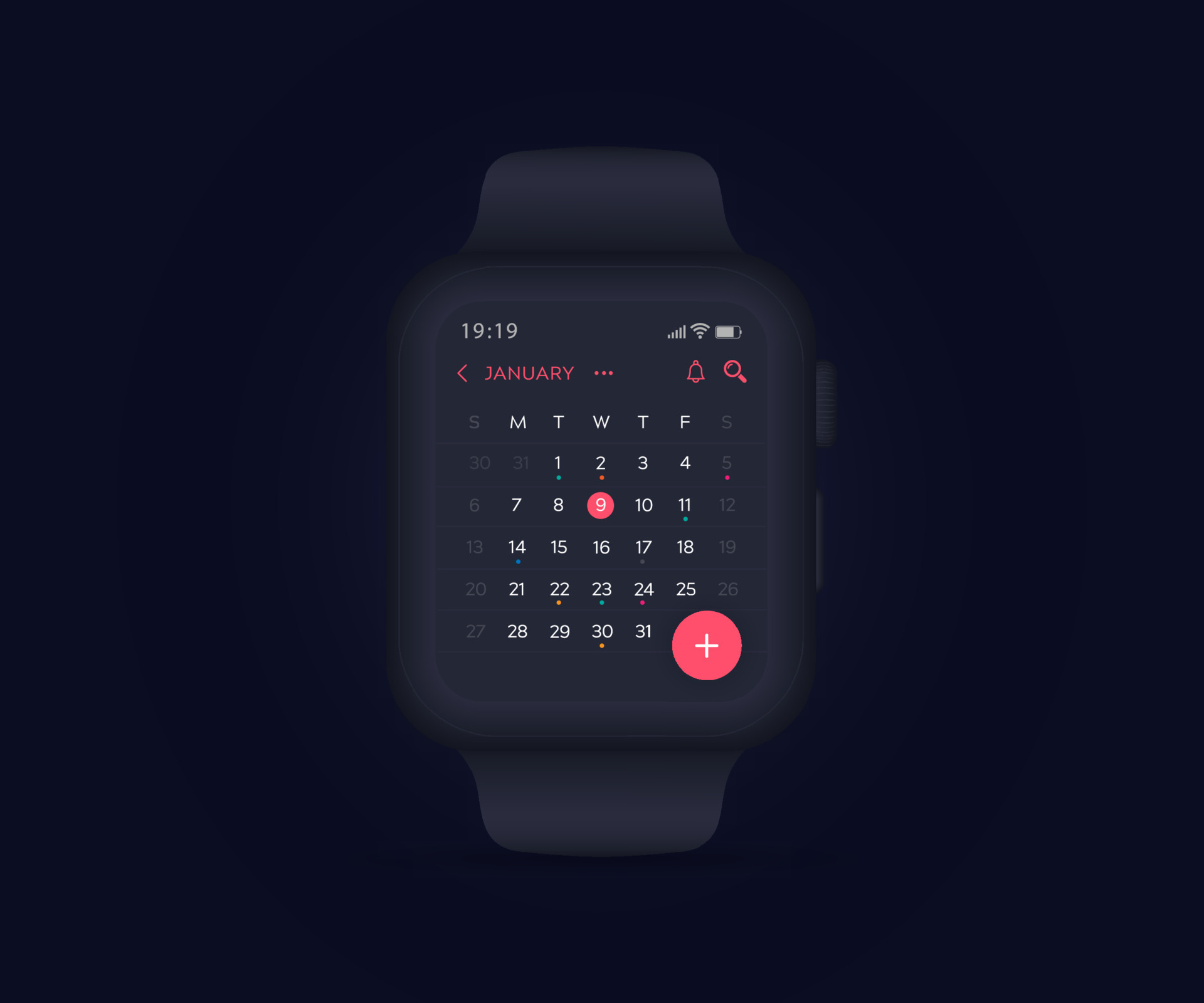 conceito de aplicativo planejador de calendário smartwatch, relógio  calendário de atividades ui ux, aplicativo de reunião de planejamento anual  de agenda de calendário de relógio de pulso, eventos de calendário,  compromisso, fitness