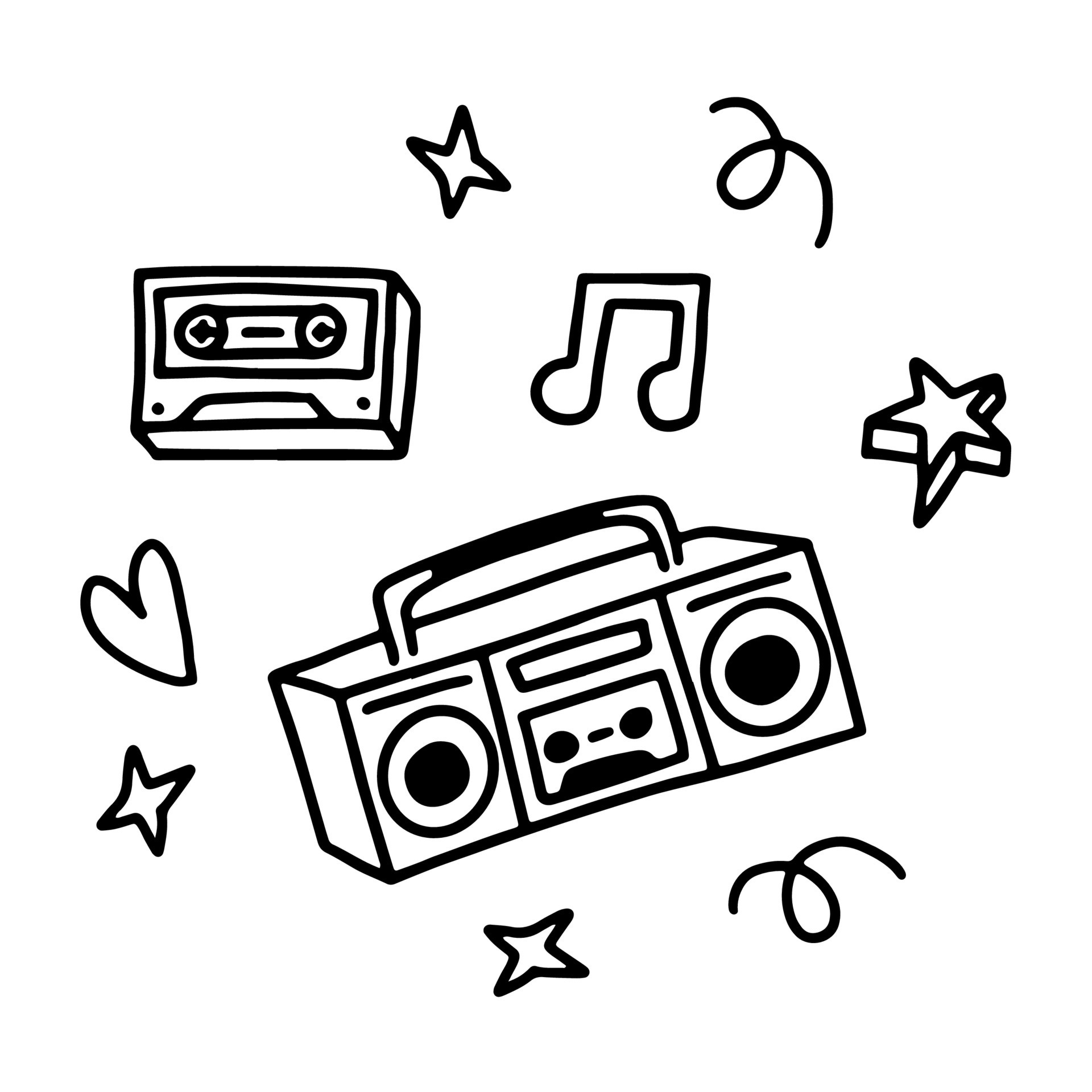 Retro Impressão De Música. Doodle Cassete Com Fita E Fones De Ouvido Estilo  Dos Anos 90. Jogador Musical E Registro Para Gramofone, Vintage Brilhante  Vector Pop Sem Costura Padrão Música Retro Doodle