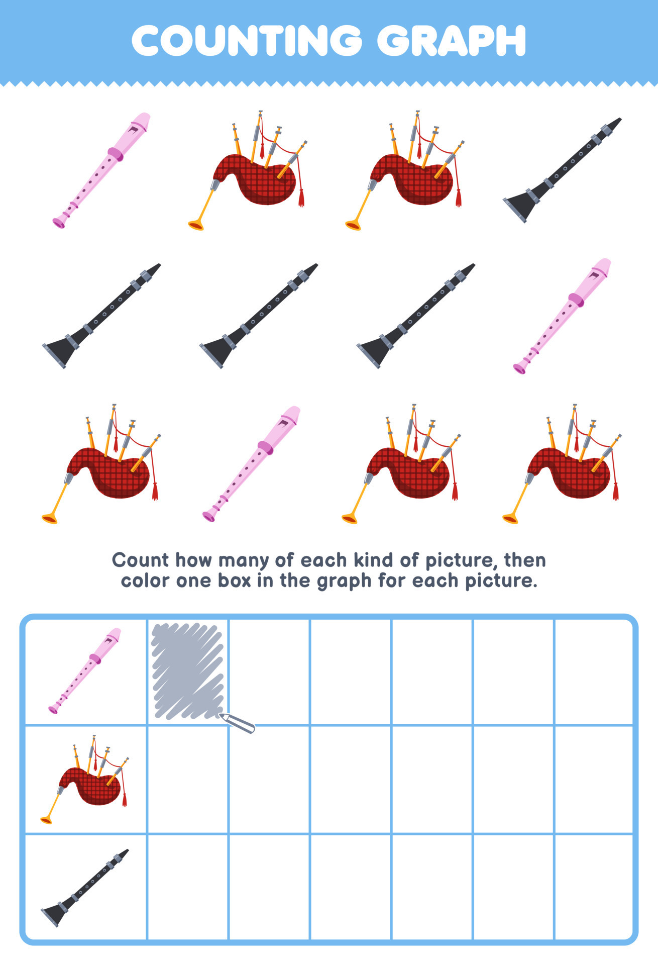 Jogo de educação para crianças conte quantos desenhos animados piano harpa  teclado guitarra e escreva o número na planilha de instrumento de música  imprimível caixa