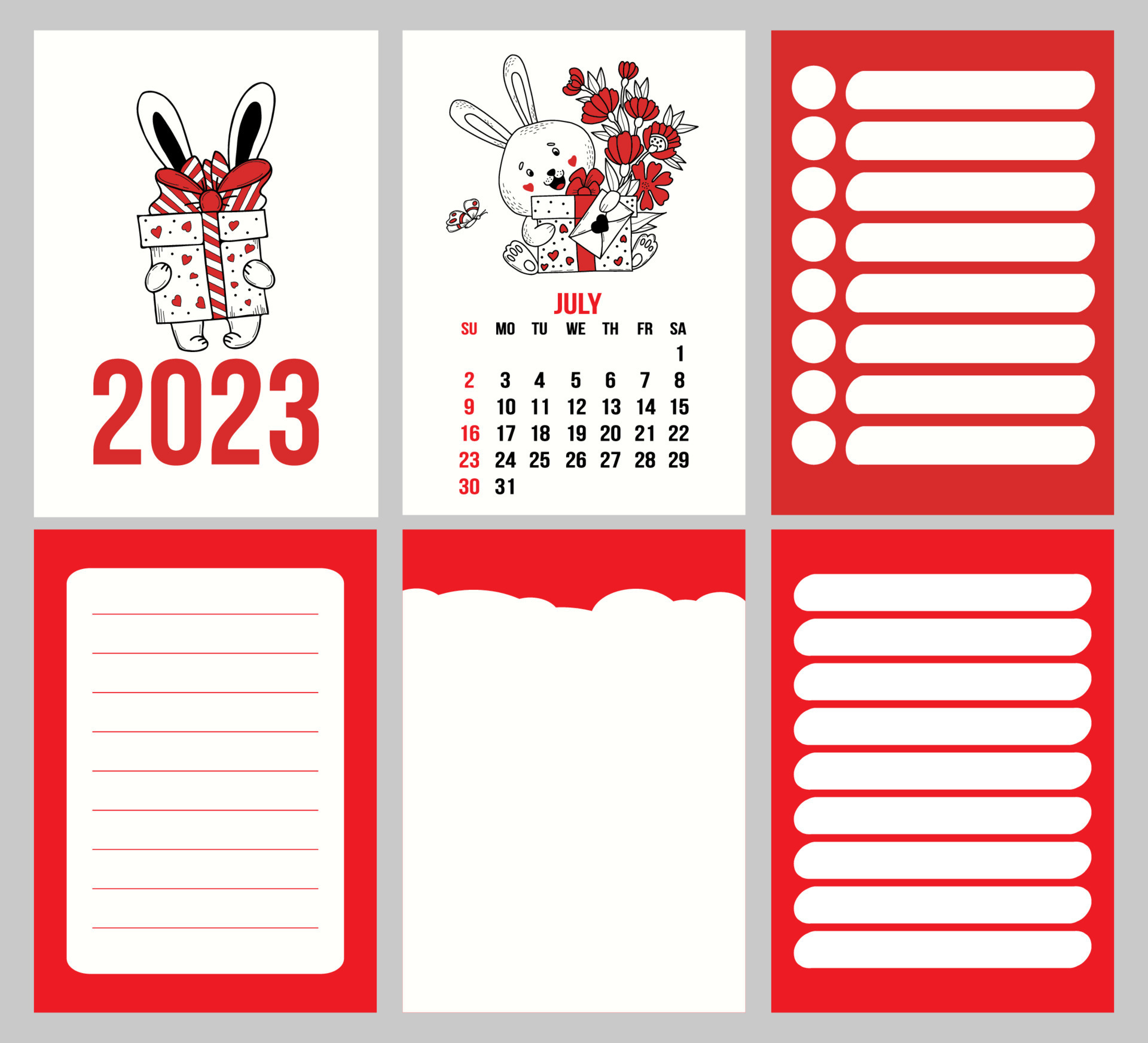 modelo de calendário de coleção para julho de 2023 com coelho fofo de flores  e páginas de planejador, notas, para fazer a lista. ilustração vetorial.  semana a partir de domingo. em inglês.