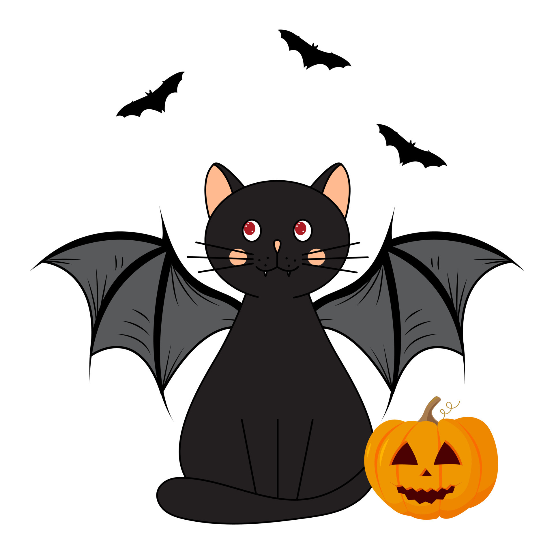 Gato de vampiro assustador engraçado dos desenhos animados na capa com  caninos segurando cenoura e lâmpada. desenho de vetor preto e branco de  halloween.