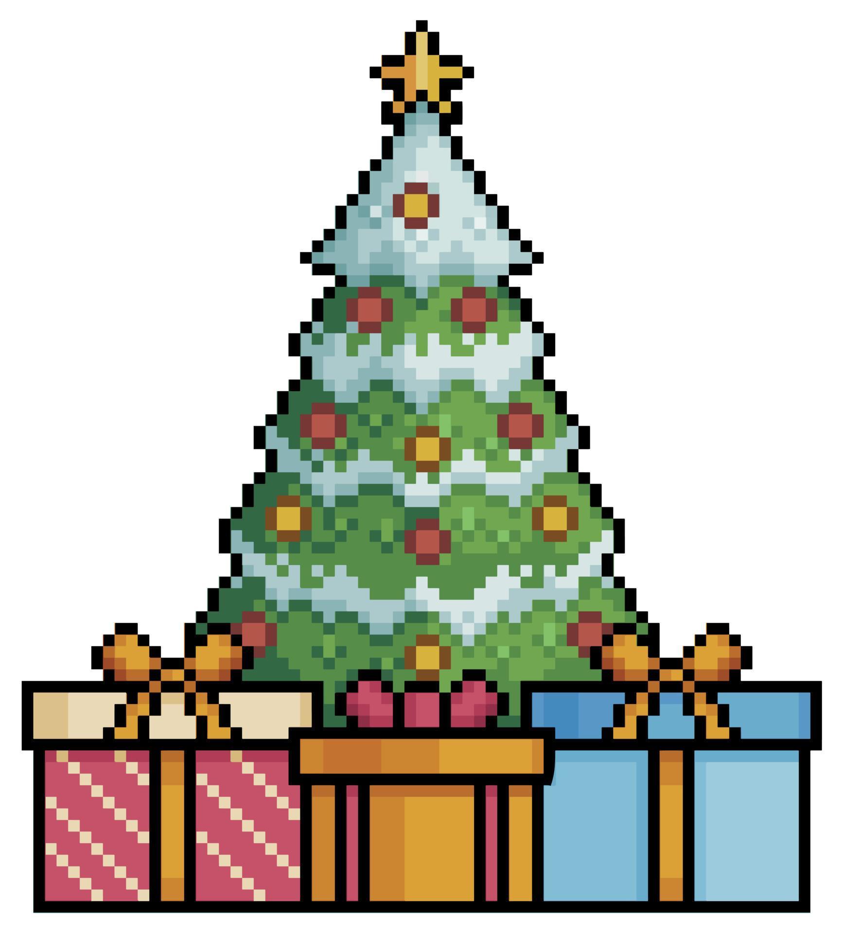 enfeite de natal de pixel art com fundo vermelho e bordas douradas