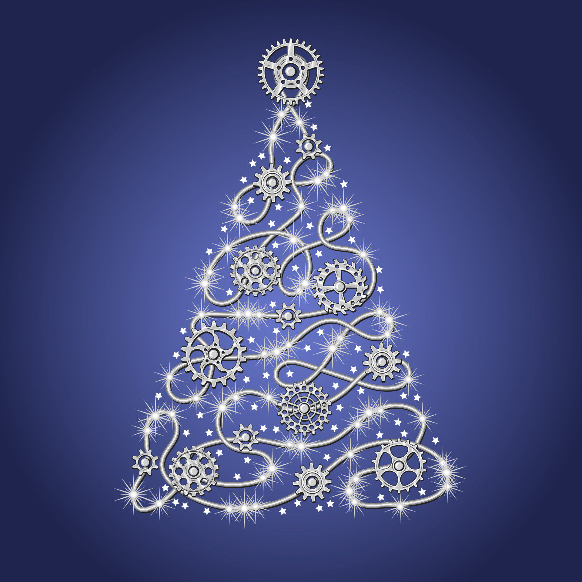 árvore de natal prateada feita de fio de prata com engrenagens prateadas,  brilhos, pequenas estrelas espalhadas sobre um fundo azul no estilo  steampunk. 14197510 Vetor no Vecteezy