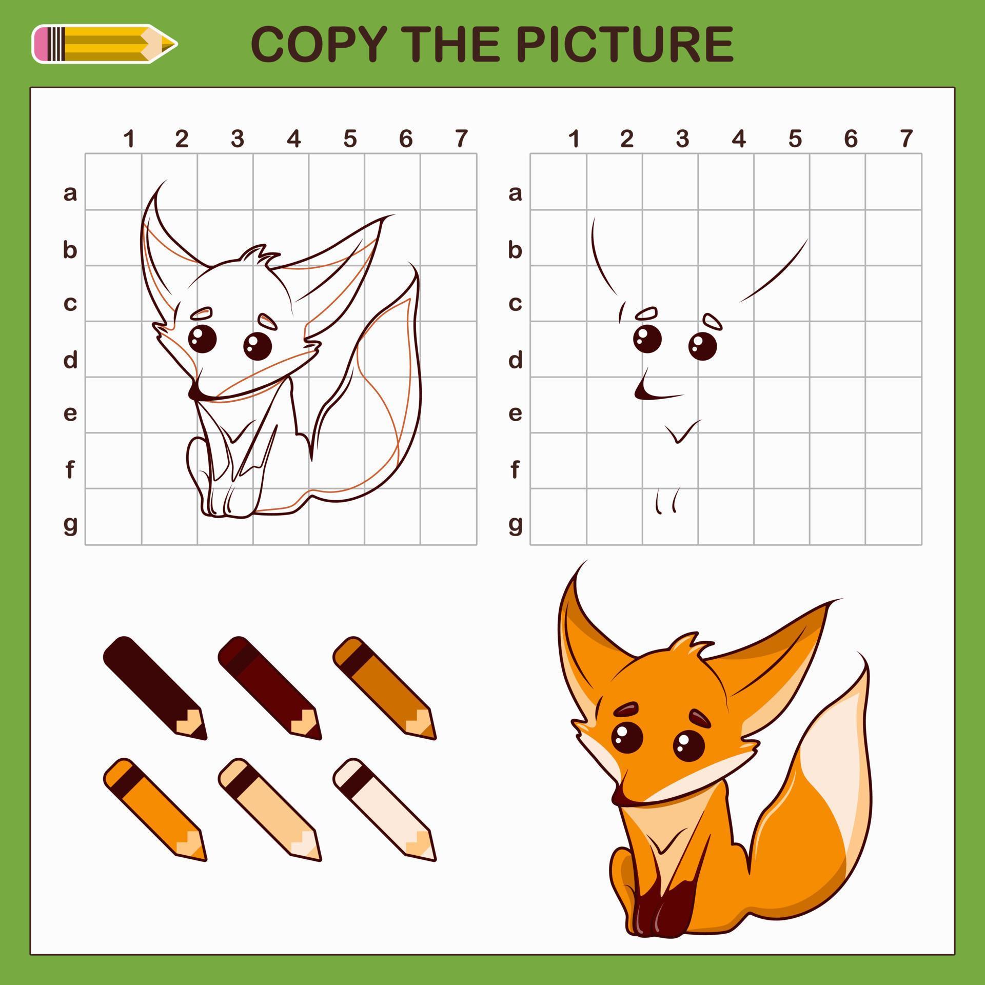 Aula de desenho para crianças. tutorial de desenho com raposa passo a passo  repete a imagem. página de arte de atividade infantil para livro.  ilustração vetorial.