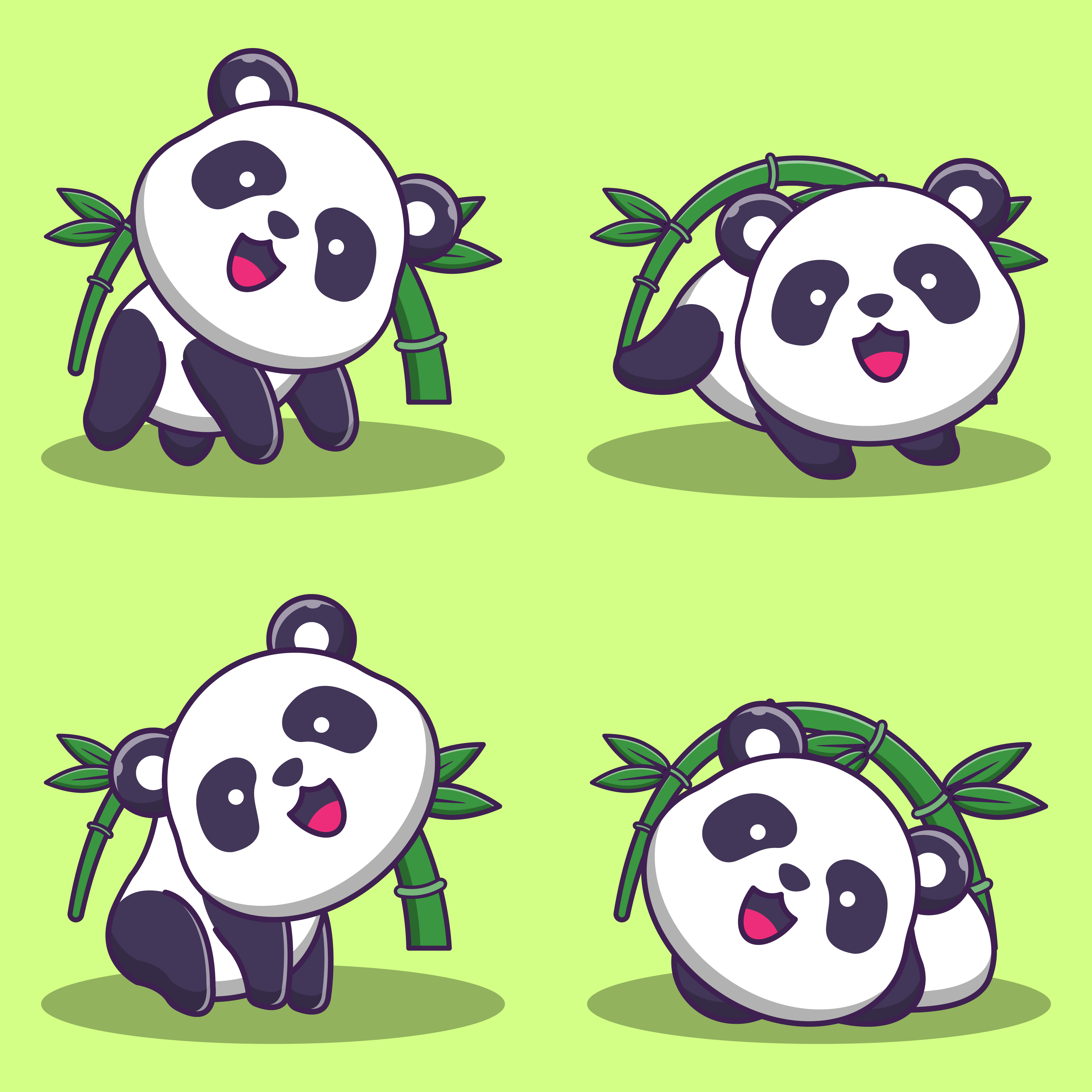 Filhos de panda dos desenhos animados. pequenos pandas, animais engraçados  com bambu e um fofo urso panda adormecido.