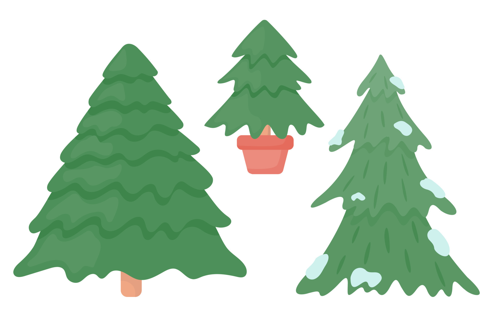 um conjunto de árvores de natal - uma grande árvore de natal, uma pequena árvore  de natal em uma panela, uma árvore de natal na neve. ilustração em vetor de  um estilo