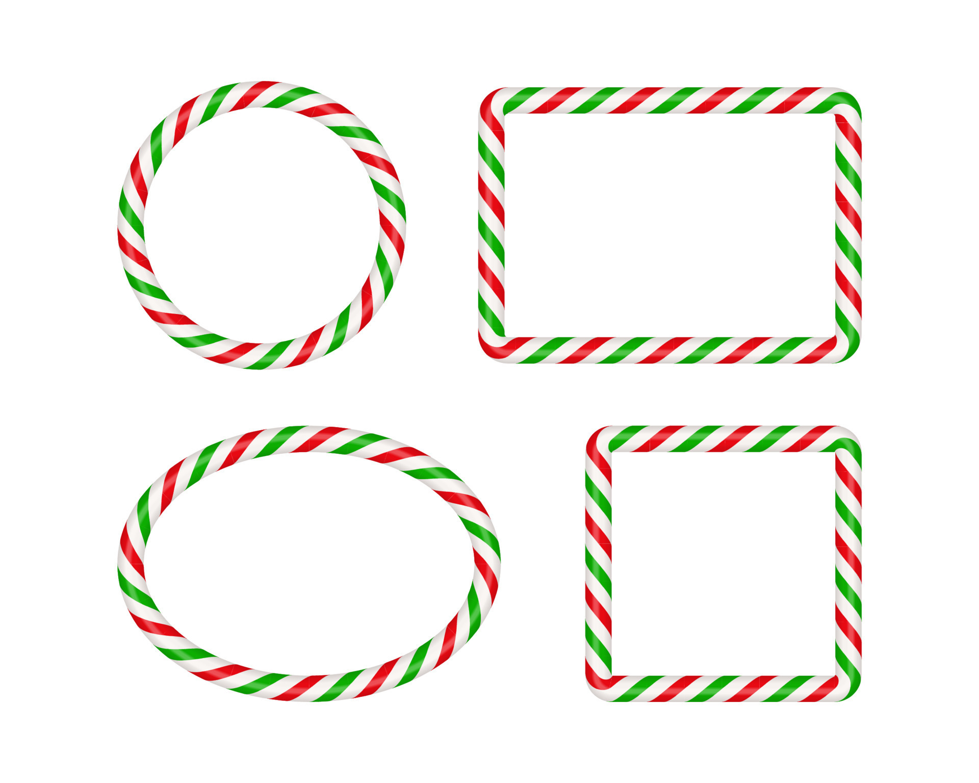 quadros de bastão de doces de natal com listrado vermelho e branco. círculo  de natal, borda oval, quadrada com padrão de pirulito de doces listrado.  ilustração em vetor modelo de natal em