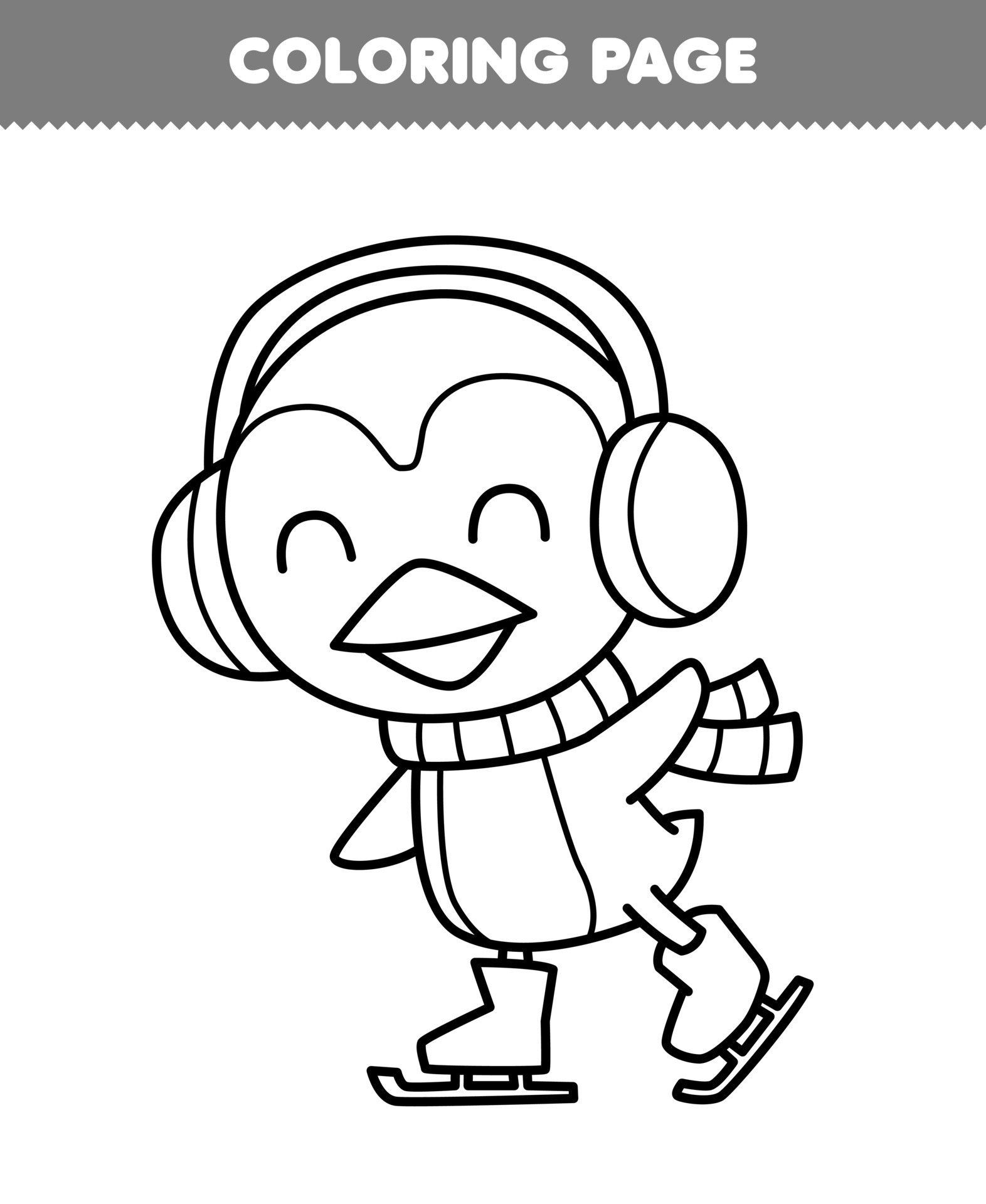 jogo de educação para crianças colorir página de pinguim bonito dos desenhos  animados usando cachecol e protetor de ouvido jogando patinação no gelo  linha de arte para impressão folha de trabalho de