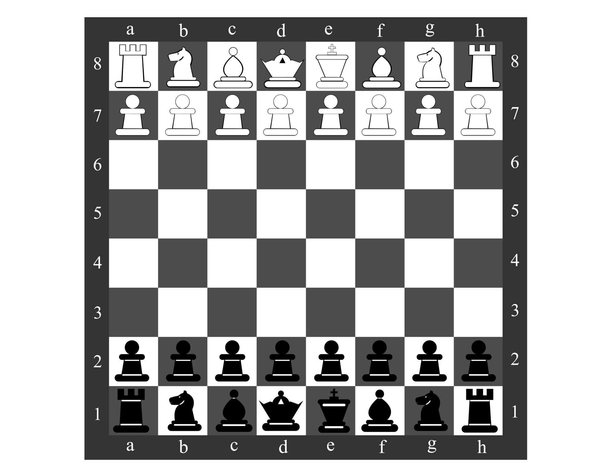 Peças de madeira brancas em um tabuleiro de xadrez um tabuleiro de xadrez  configurado durante um jogo em um fundo preto