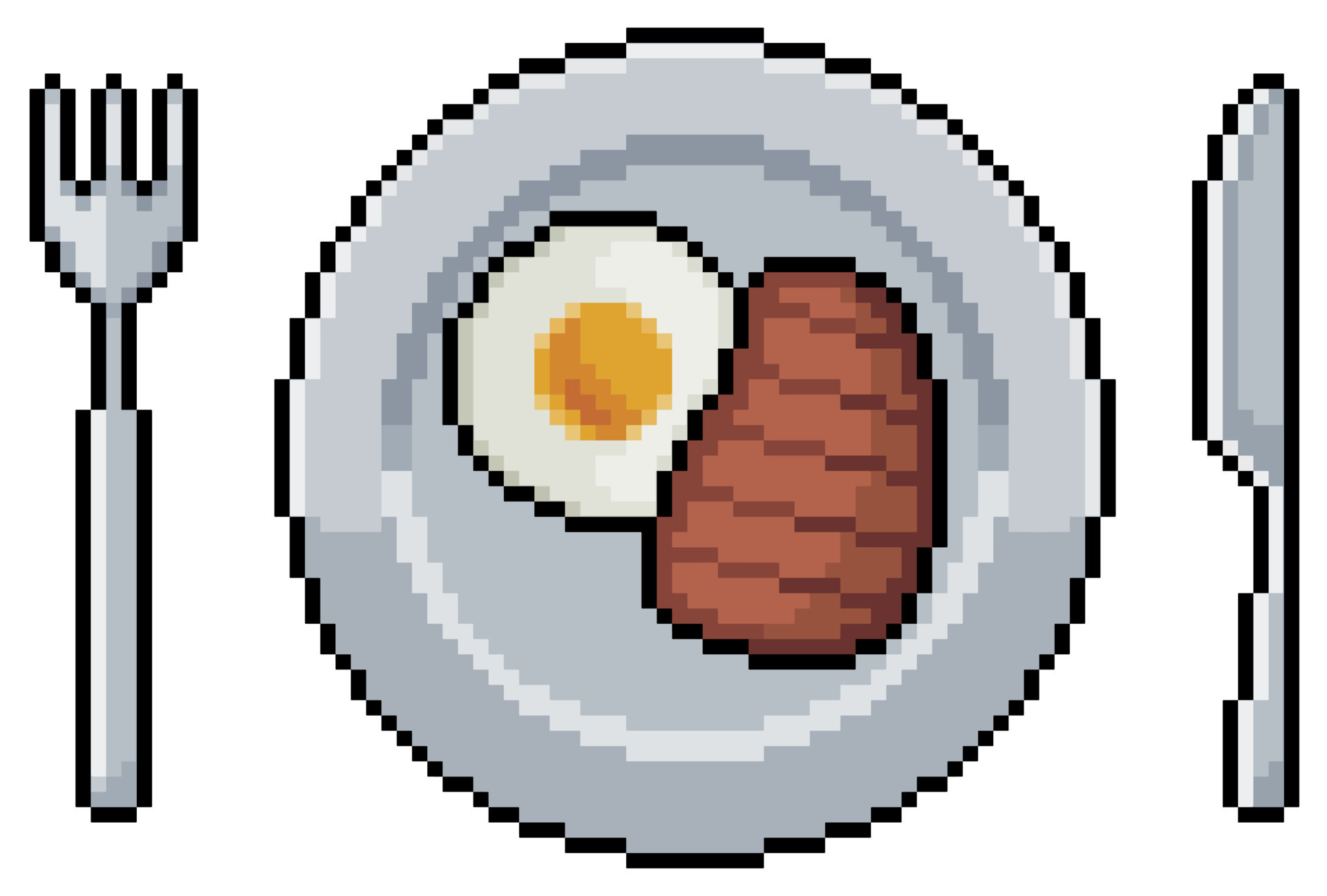 Placa de pixel art com ovos fritos e ícone de vetor de bacon para jogo de 8  bits em fundo branco