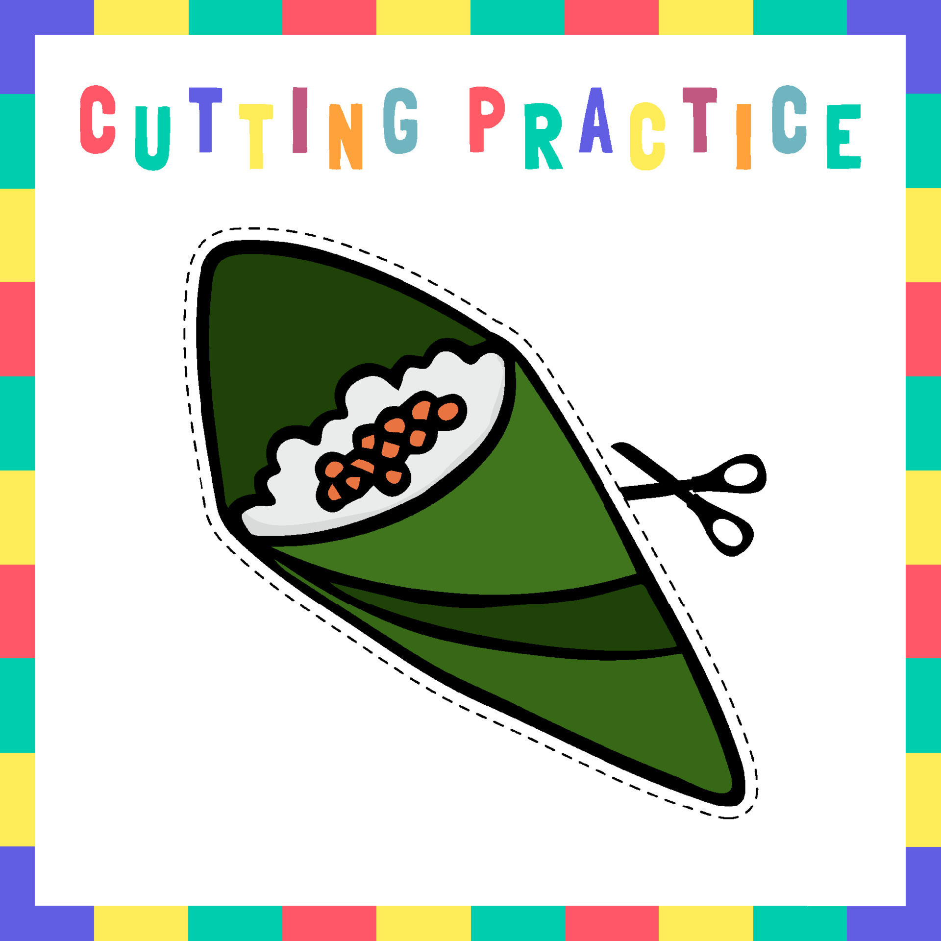 jogos de educação para crianças cortando prática de folha de trabalho para  impressão de comida japonesa de vetor fofo 15632962 Vetor no Vecteezy