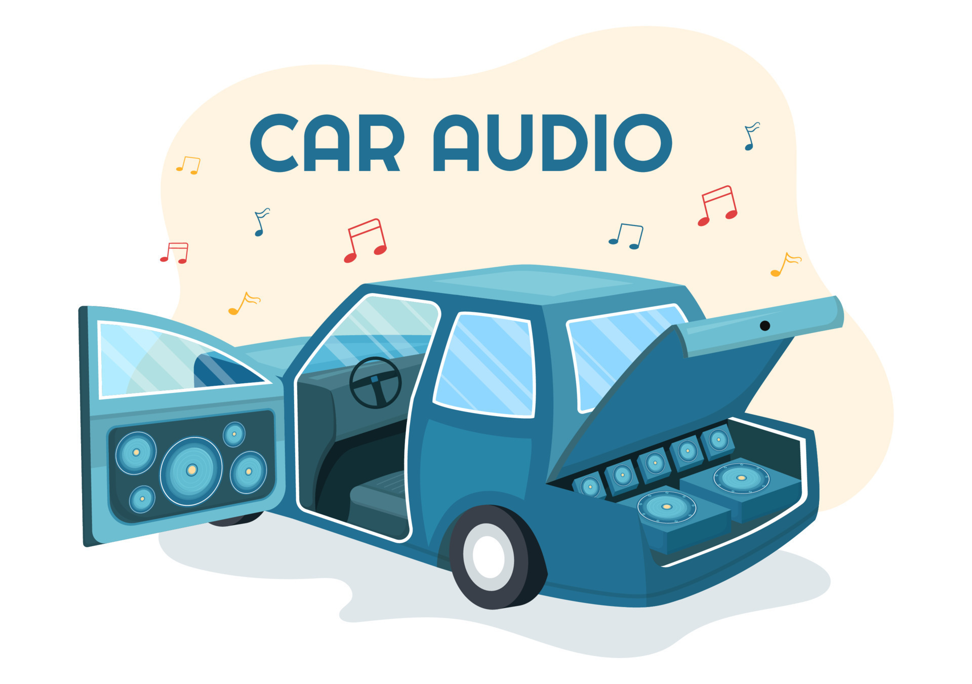 áudio do carro com alto-falantes, sistema de som ou automóvel de música na  ilustração de modelos desenhados à mão de cartaz de desenho animado plano  15835047 Vetor no Vecteezy