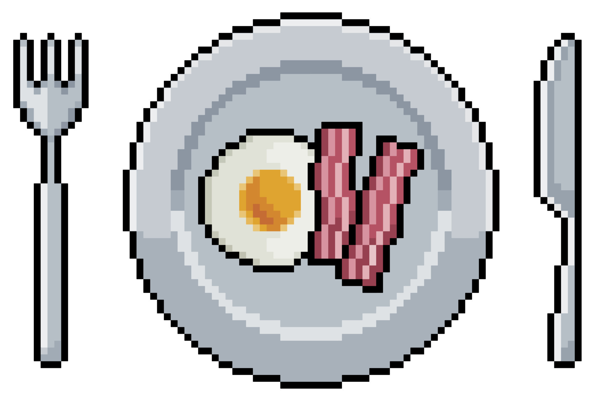 Placa de pixel art com ovos, bacon, ervilhas e ícone vetorial de talheres  para jogo de 8 bits em fundo branco