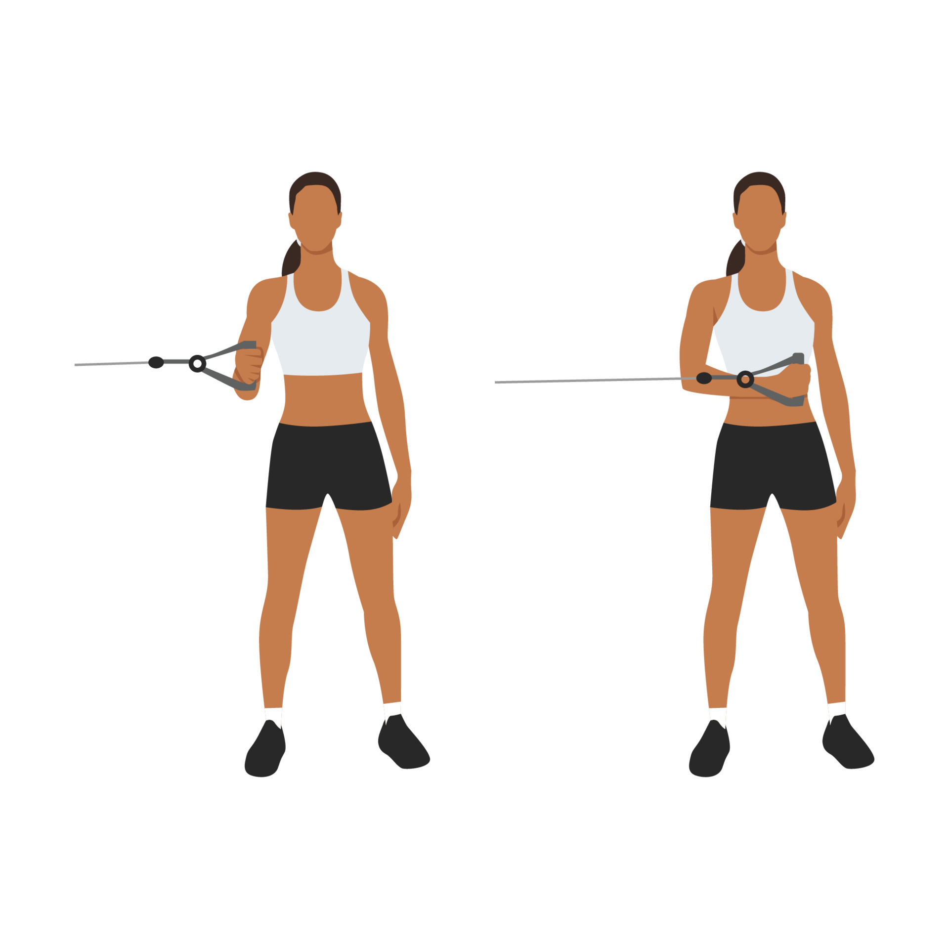 mulher fazendo postura de rotação externa do ombro do cabo para exercício  em 2 etapas. ilustração sobre treino com equipamentos de ginástica para  manter uma articulação do ombro forte e estável. ilustração