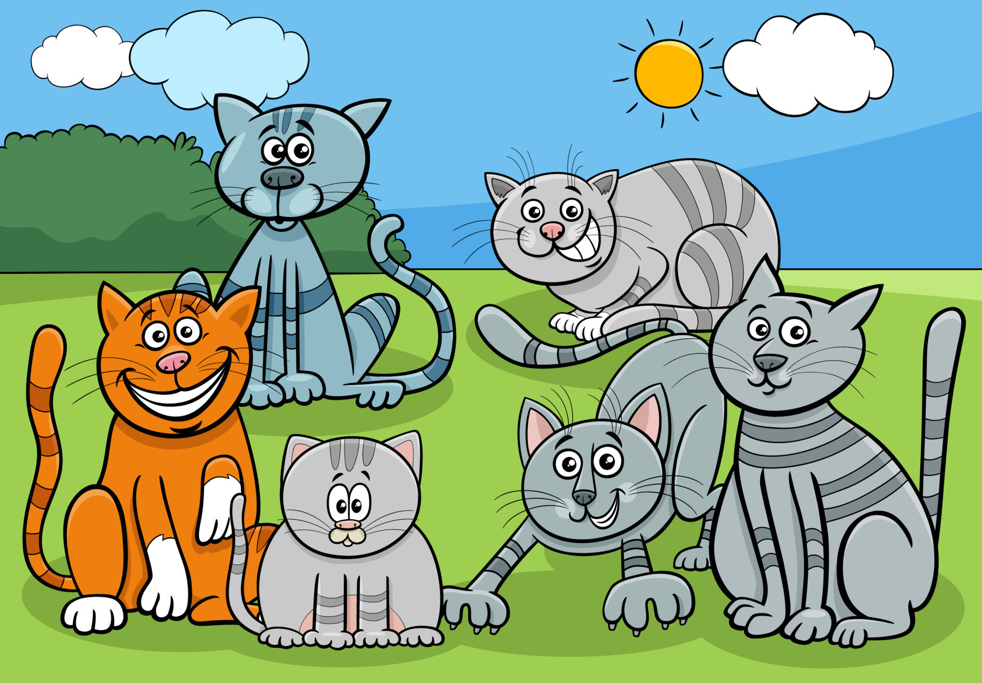 Conjunto de personagens de quadrinhos de gatos e gatinhos de desenho animado