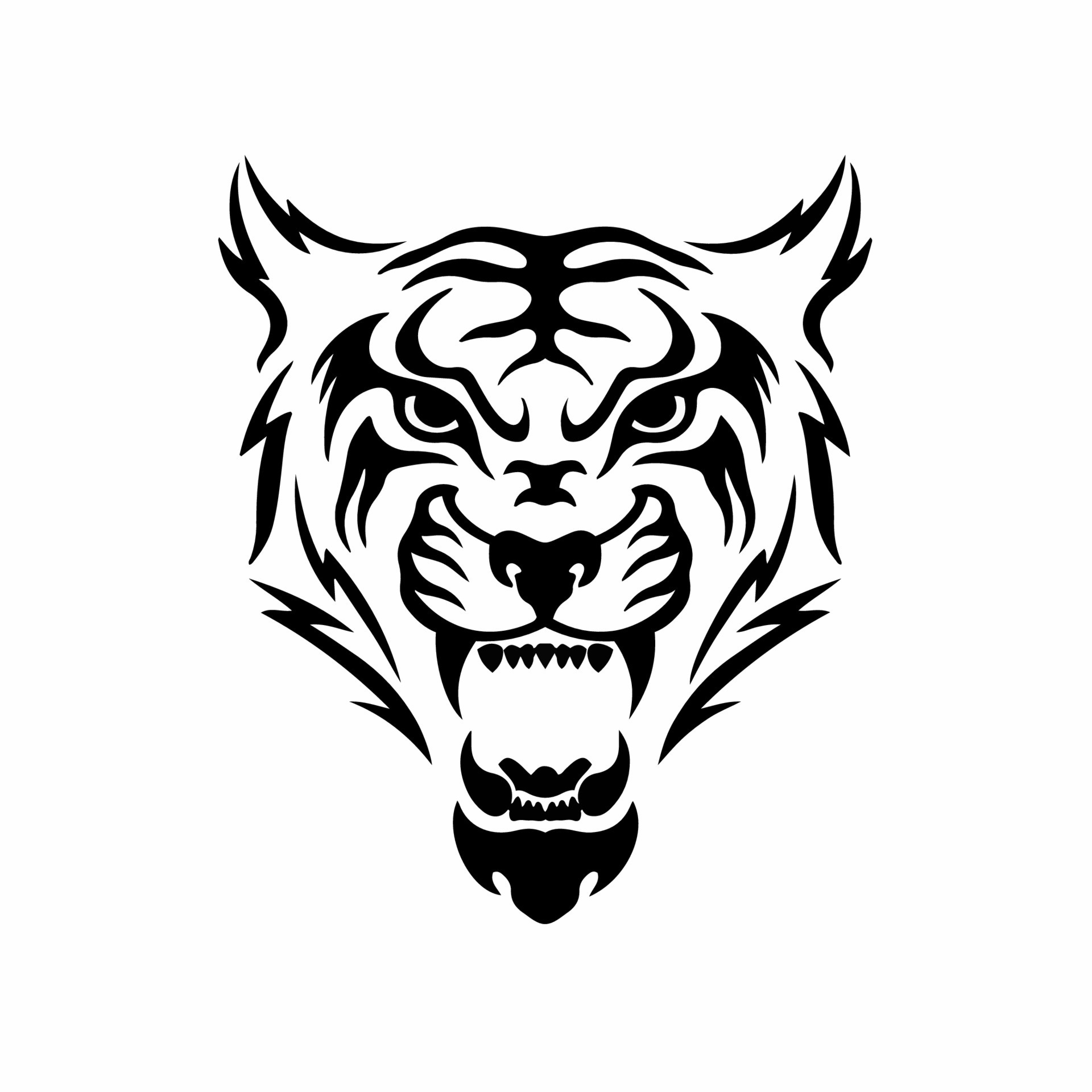 Cabeça de tigre no logotipo do símbolo de fogo no fundo branco vetor de  estêncil de tatuagem tribal de animais selvagens