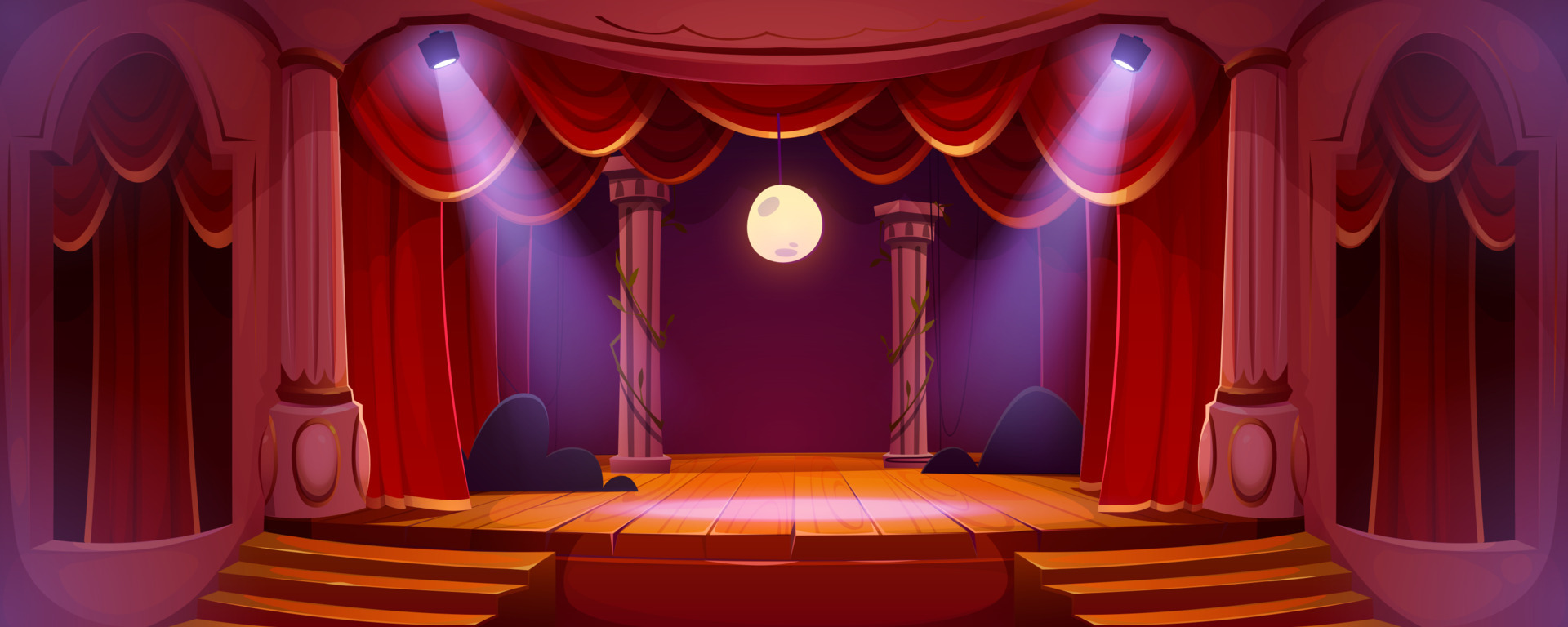 Palco de teatro com cortinas vermelhas e em luz. Desenho animado vetorial  ilustração do interior do