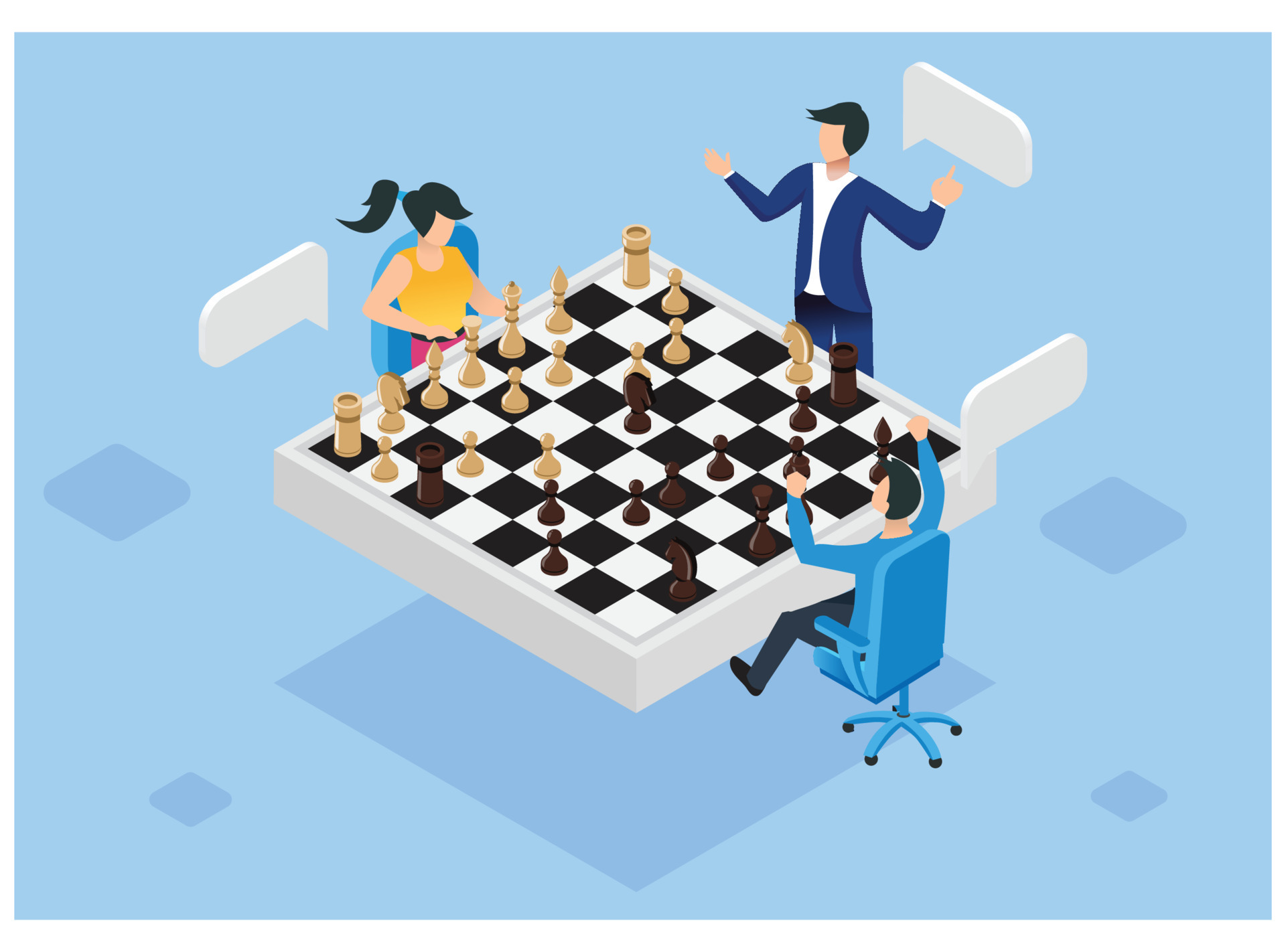 ilustração isométrica jogando xadrez online contra vários inimigos