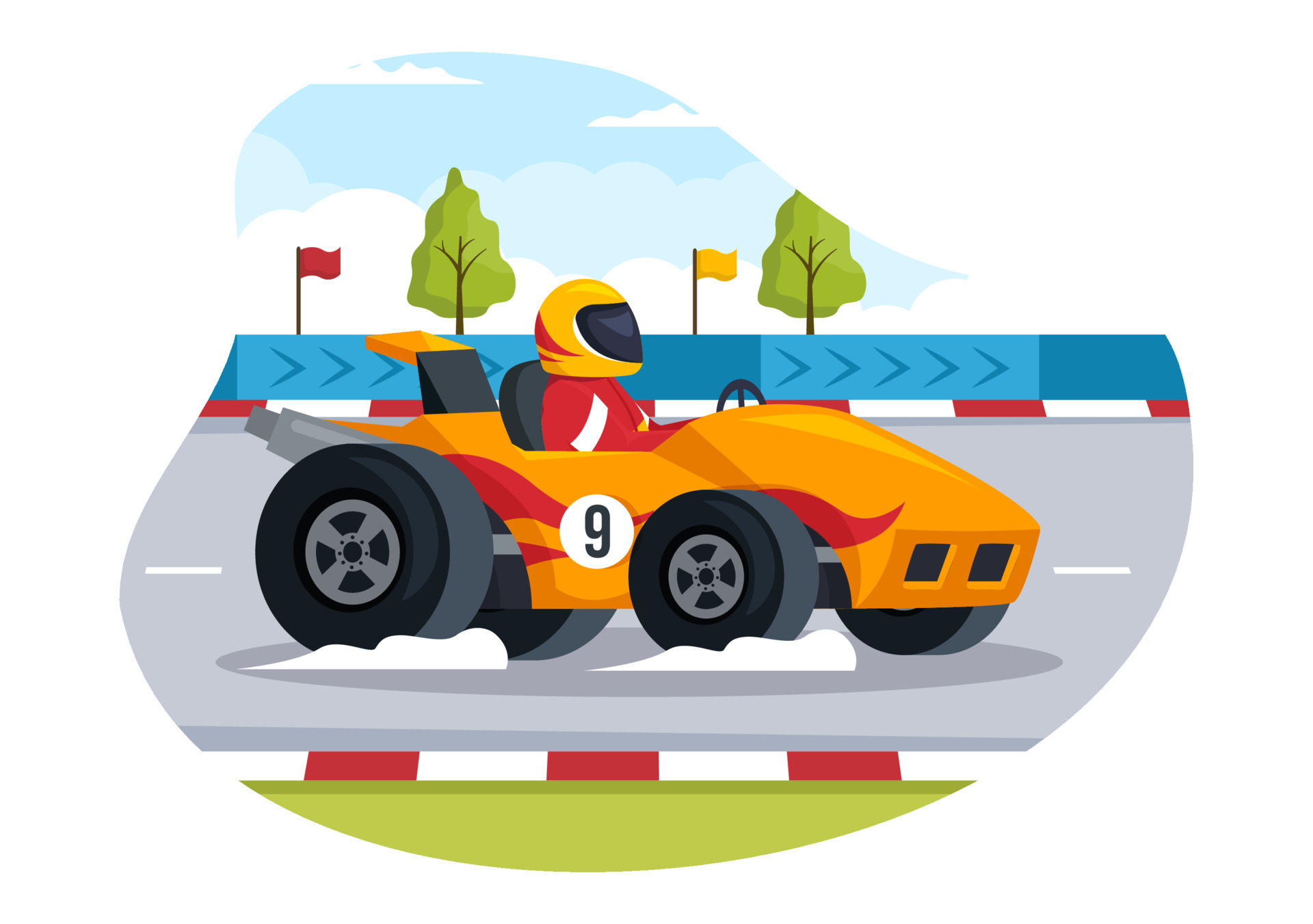 Carro esporte de corrida de fórmula chegar no circuito de corrida a  ilustração dos desenhos animados da linha de chegada