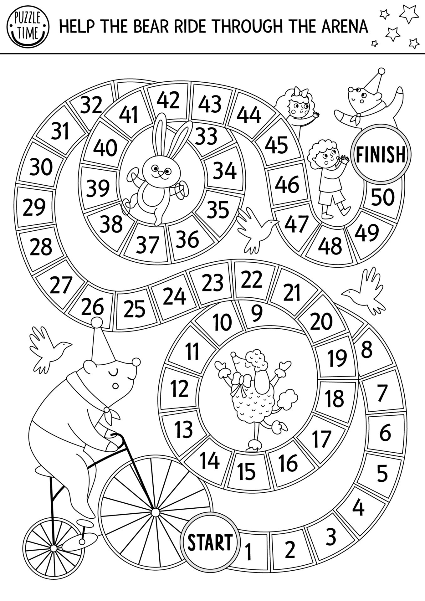 jogo de tabuleiro de dados preto e branco de circo para crianças com urso  andando de bicicleta pela arena. jogo de tabuleiro de linha de show de  diversões. desenho para colorir e