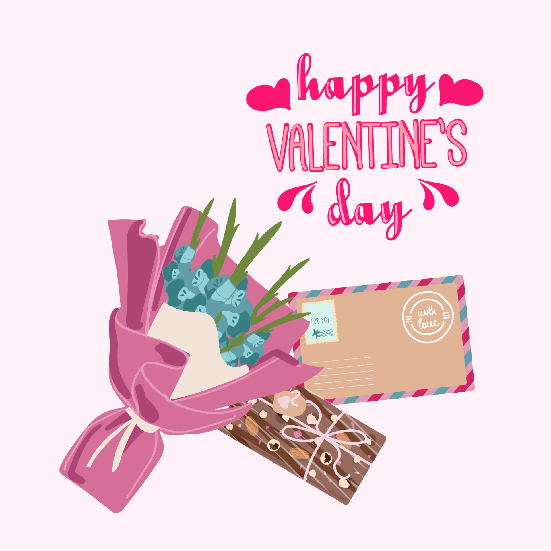 feliz dia dos namorados cartão. flor de buquê e chocolate e escrita, estilo  simples. ilustração vetorial. 16963873 Vetor no Vecteezy
