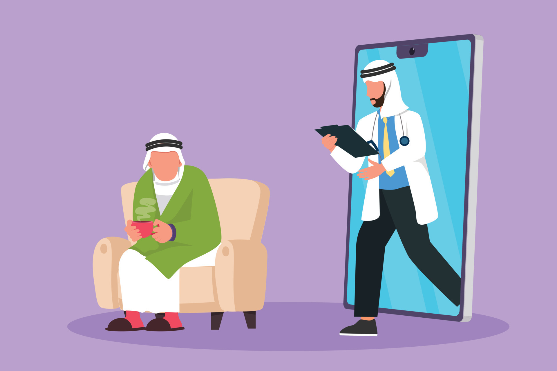 desenho de estilo plano de desenho animado de paciente do sexo masculino com febre sentado no sofá, usando cobertor, segurando a caneca e o médico árabe saindo do smartphone com a prancheta. foto