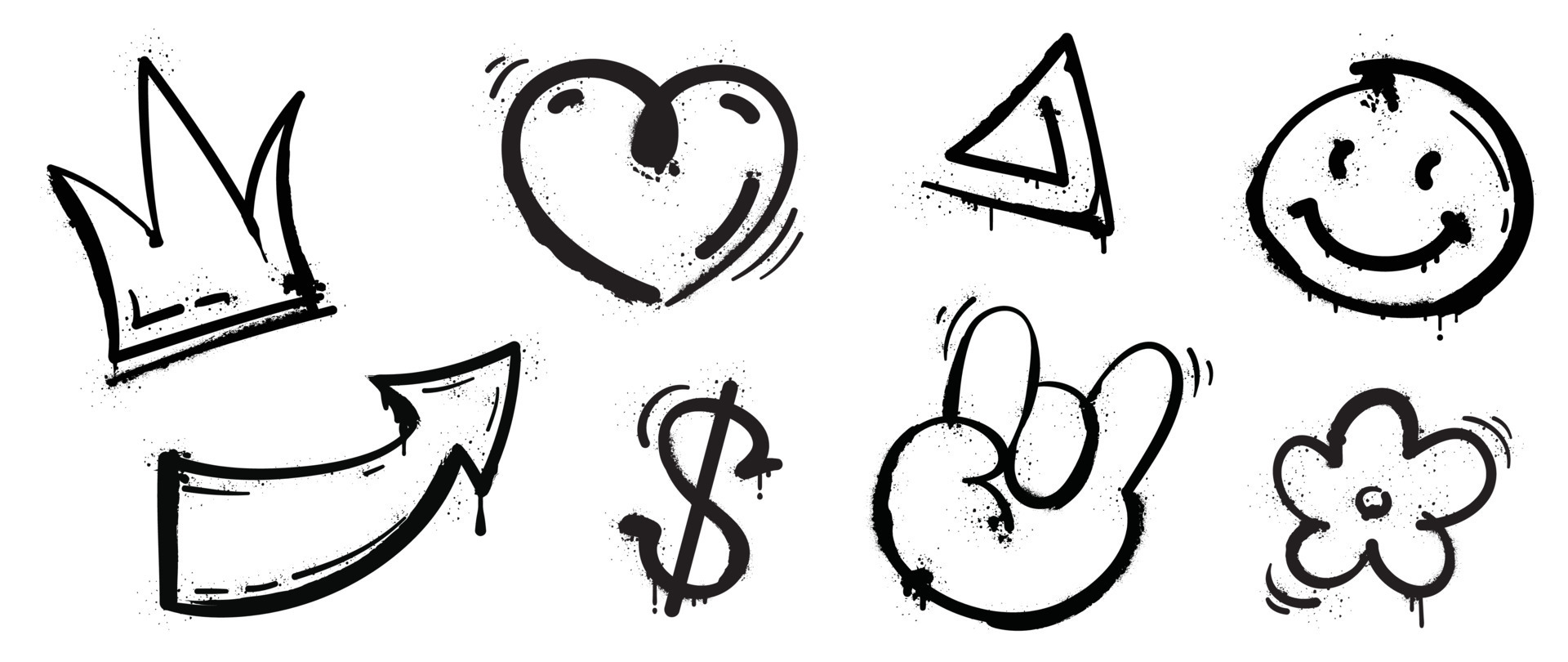 Conjunto de símbolos de desenho de graffiti padrão de spray de graffiti  pintado de relâmpago seta coroa estrela coração e sorriso elementos de  pintura em spray vetor de estilo de arte de