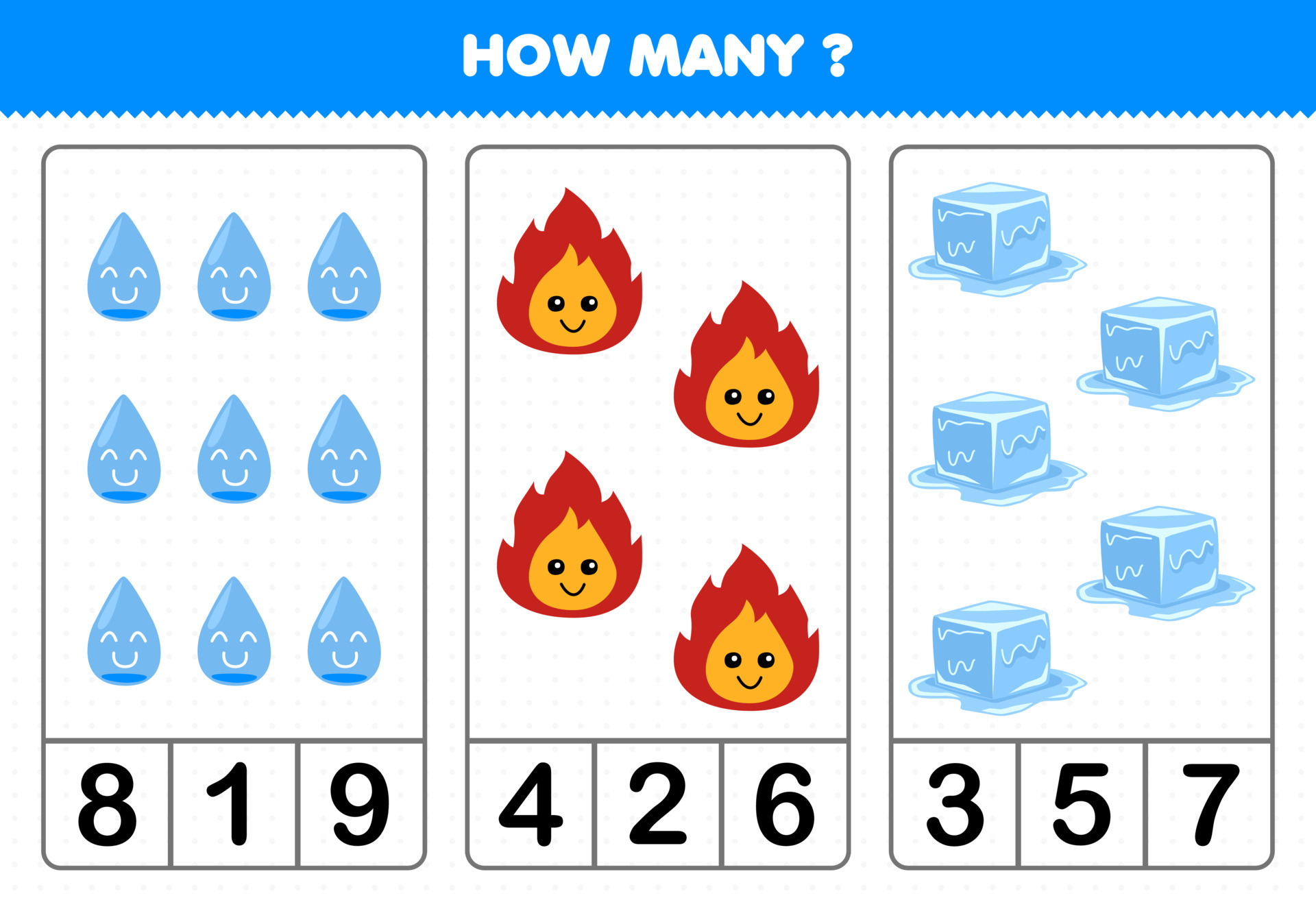 jogo de educação para crianças contando quantos desenhos animados fofos água  fogo gelo planilha de natureza imprimível 17180167 Vetor no Vecteezy