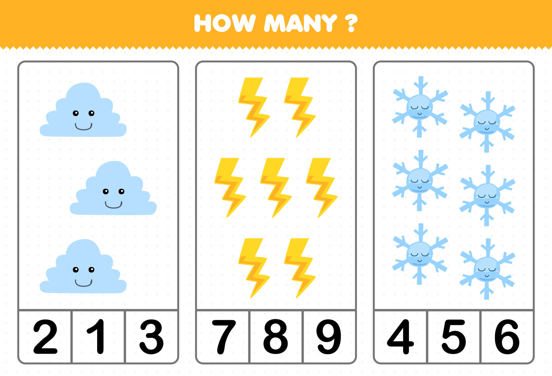 Jogo educativo para crianças, divertido, contando e escolhendo o número  correto de floco de neve bonito, trovão, fogo, gelo, água, planilha de  natureza imprimível