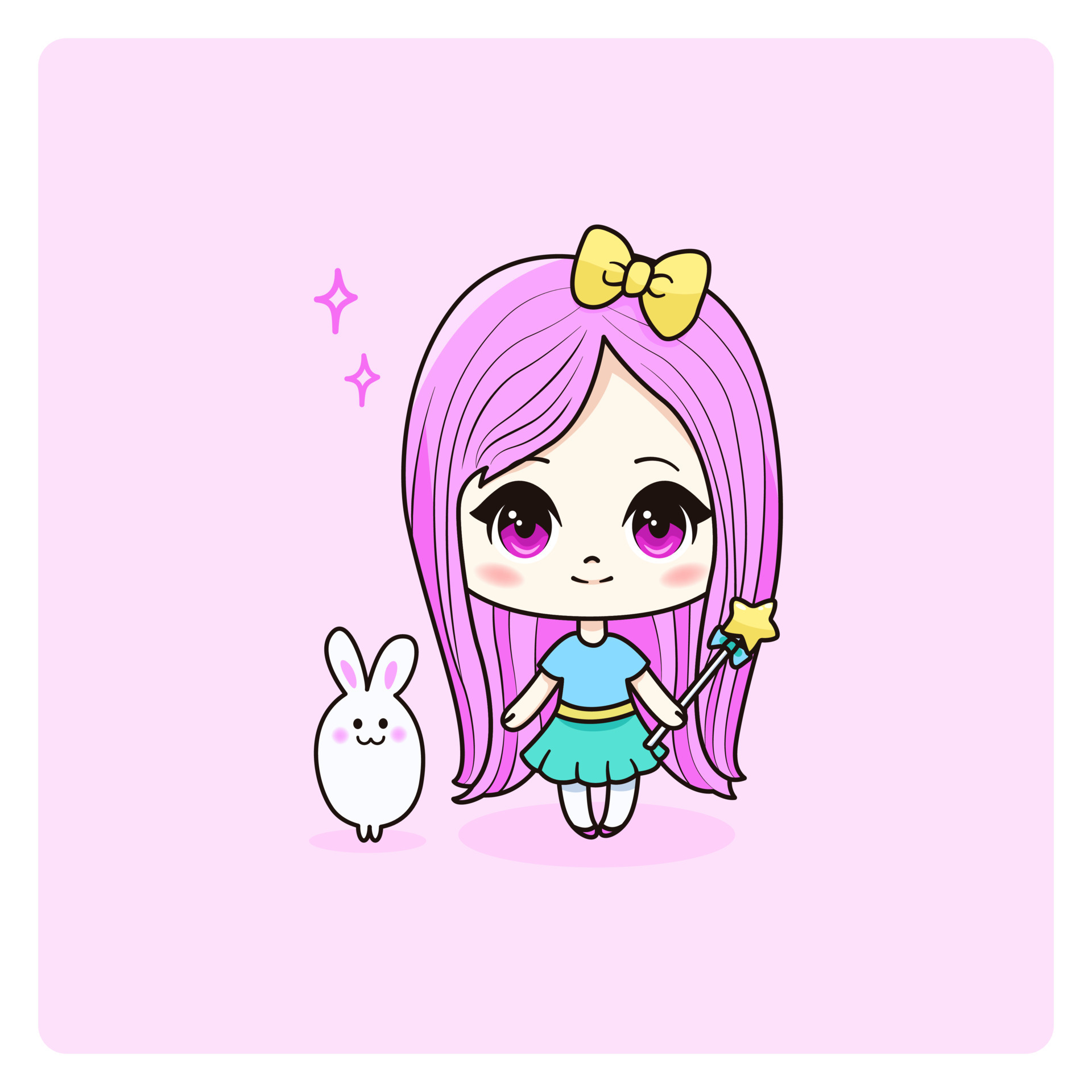 Feliz garota fofa e kawaii com design de personagens de manga chibi de  desenho de coelhinho com capuz rosa