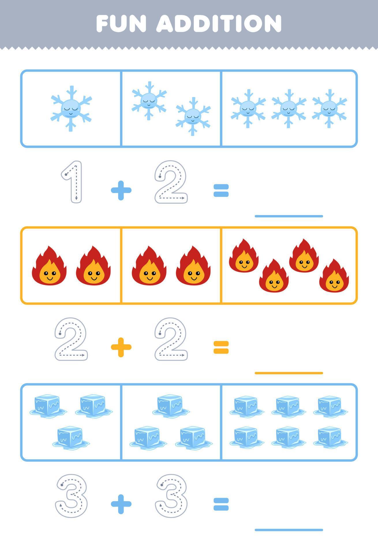 jogo educativo para crianças, diversão contando e adicione mais um desenho  animado, floco de neve, trovão, água, fogo, gelo, em seguida, escolha o  número correto planilha de natureza 17180150 Vetor no Vecteezy