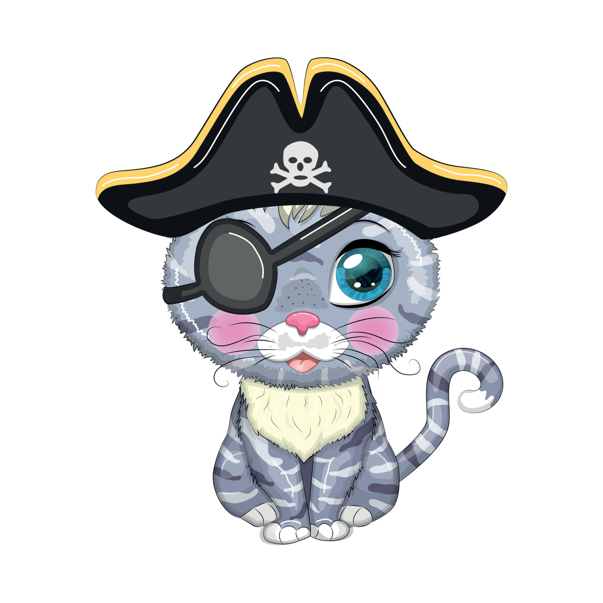 gato pirata, personagem de desenho animado do jogo, gato animal selvagem em  uma bandana e um chapéu armado com uma caveira, com um tapa-olho. 25477170  Vetor no Vecteezy