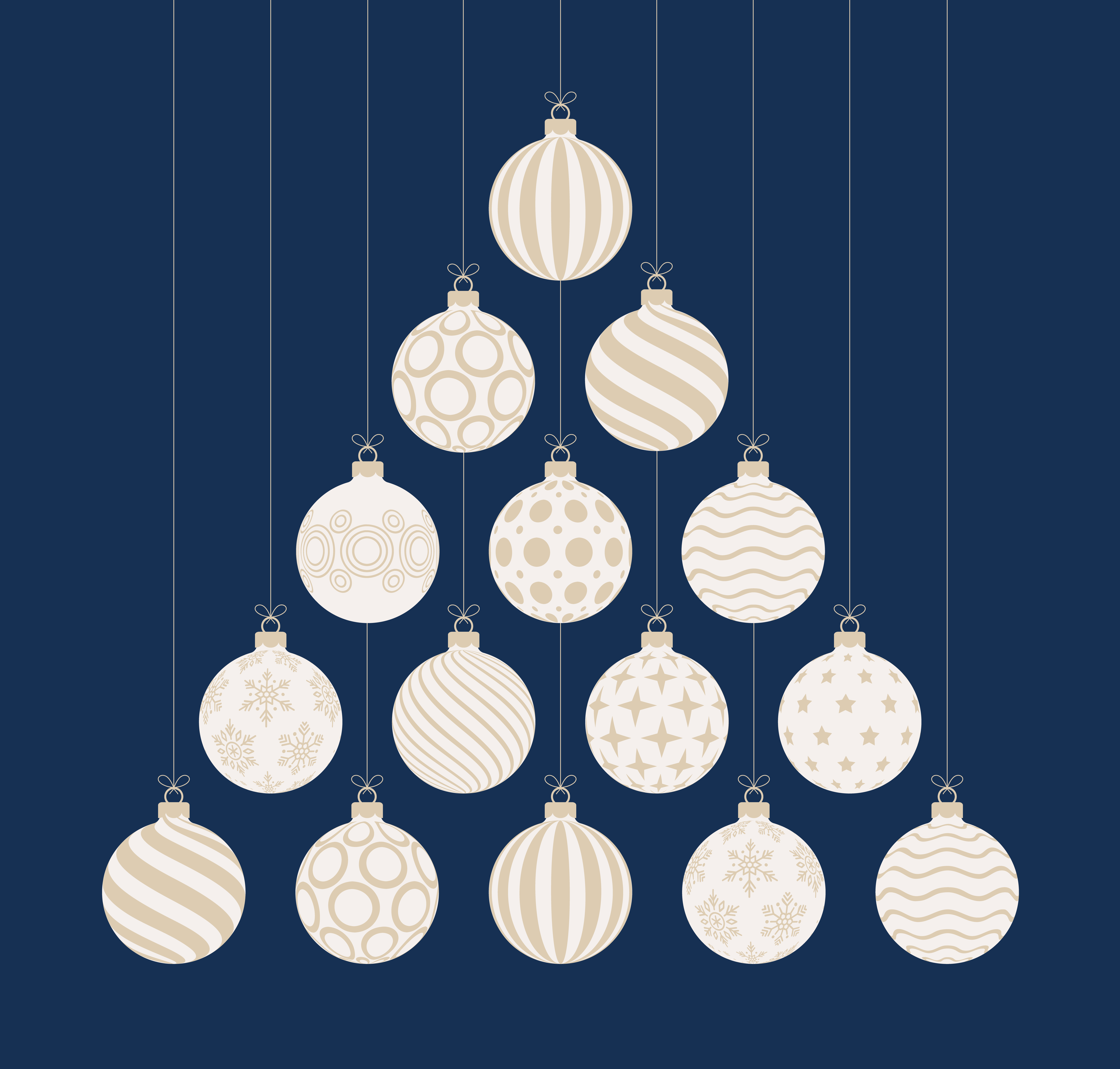 Natal e ano novo cartão plana dos desenhos animados. árvore de Natal  criativa feita de bolas de bugiganga brancas e douradas sobre fundo azul  para a celebração do Natal e do ano