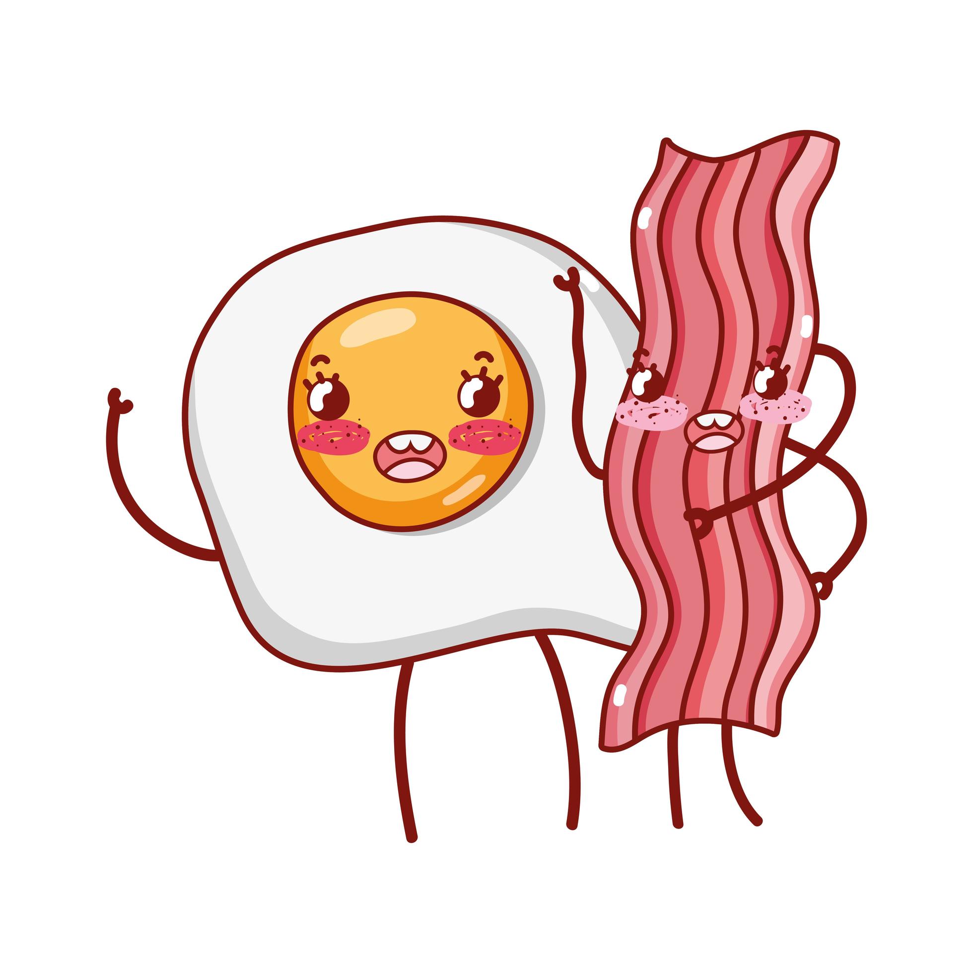 bacon feliz fofo e engraçado e ovos fritos. vector personagens de