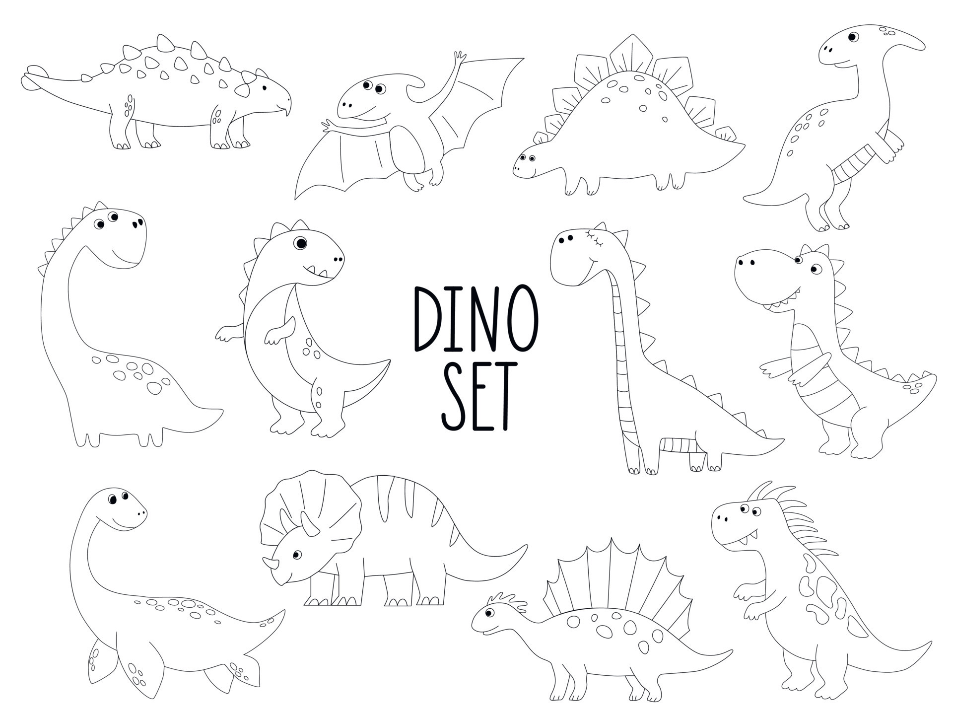 Vetores de Conjunto De Dinossauros De Desenho Animado Para Colorir