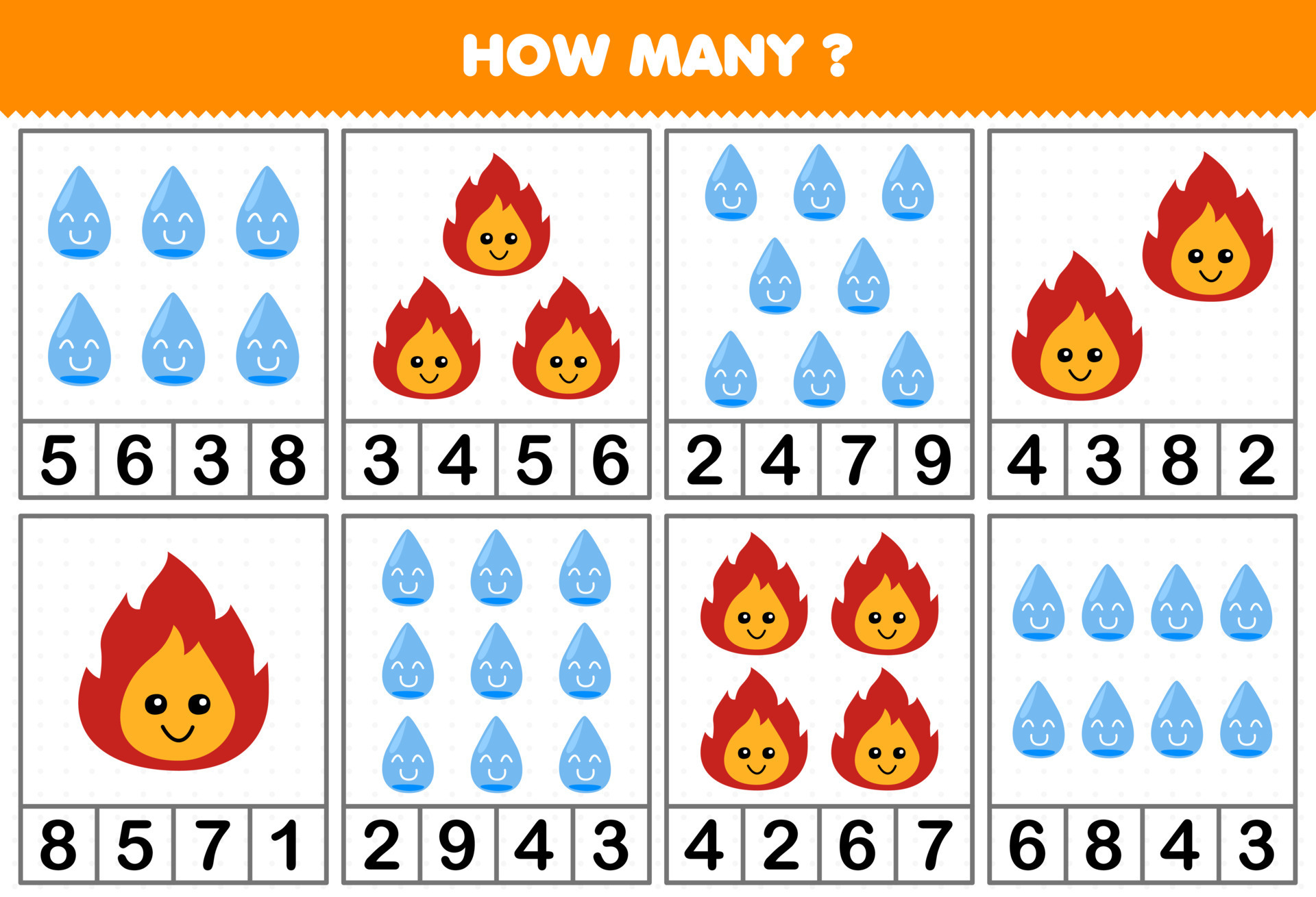 Jogo educativo para crianças, adição divertida, adivinhando o número  correto de desenhos animados fofos, fogo, água, gelo, planilha de natureza  imprimível