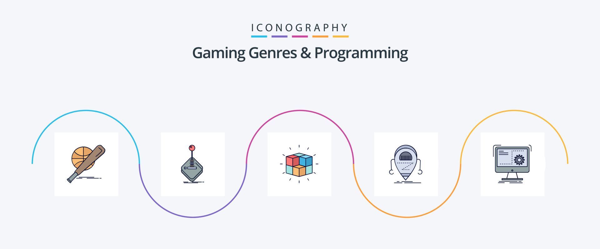 gêneros de jogos e linha de programação preenchida com 5 ícones